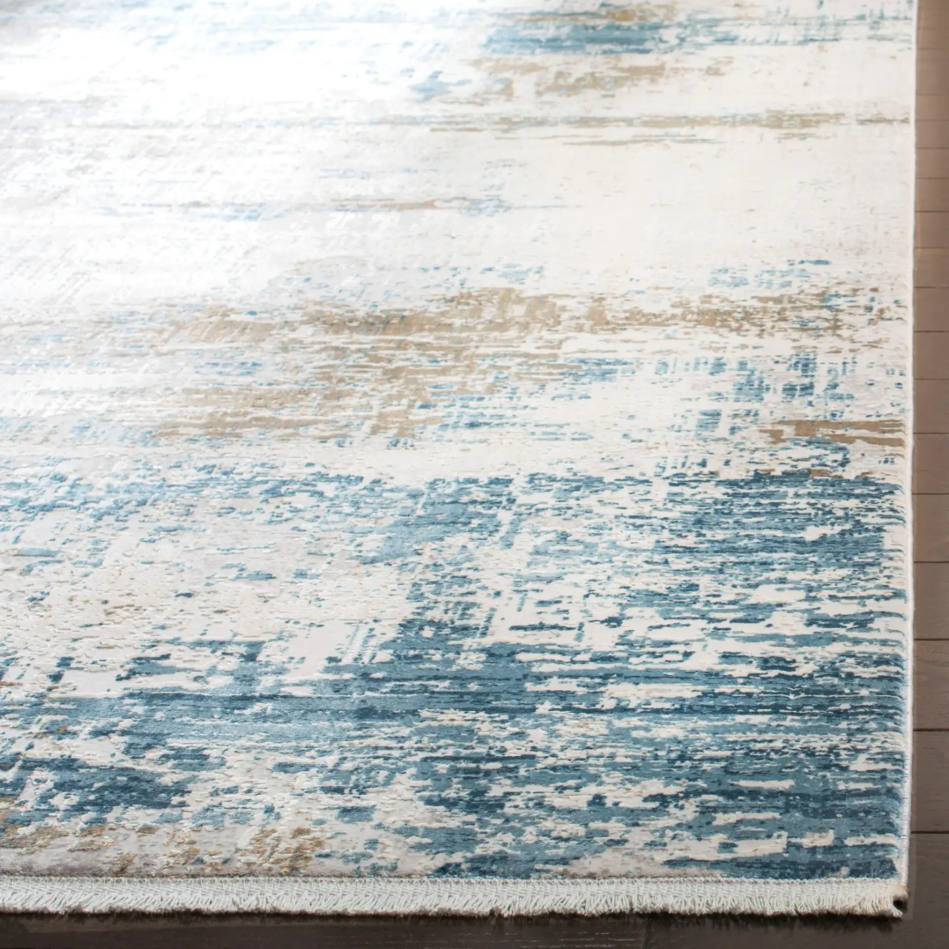 Eclipse Abstract Banded Rug in Beige / Blue in a styled room