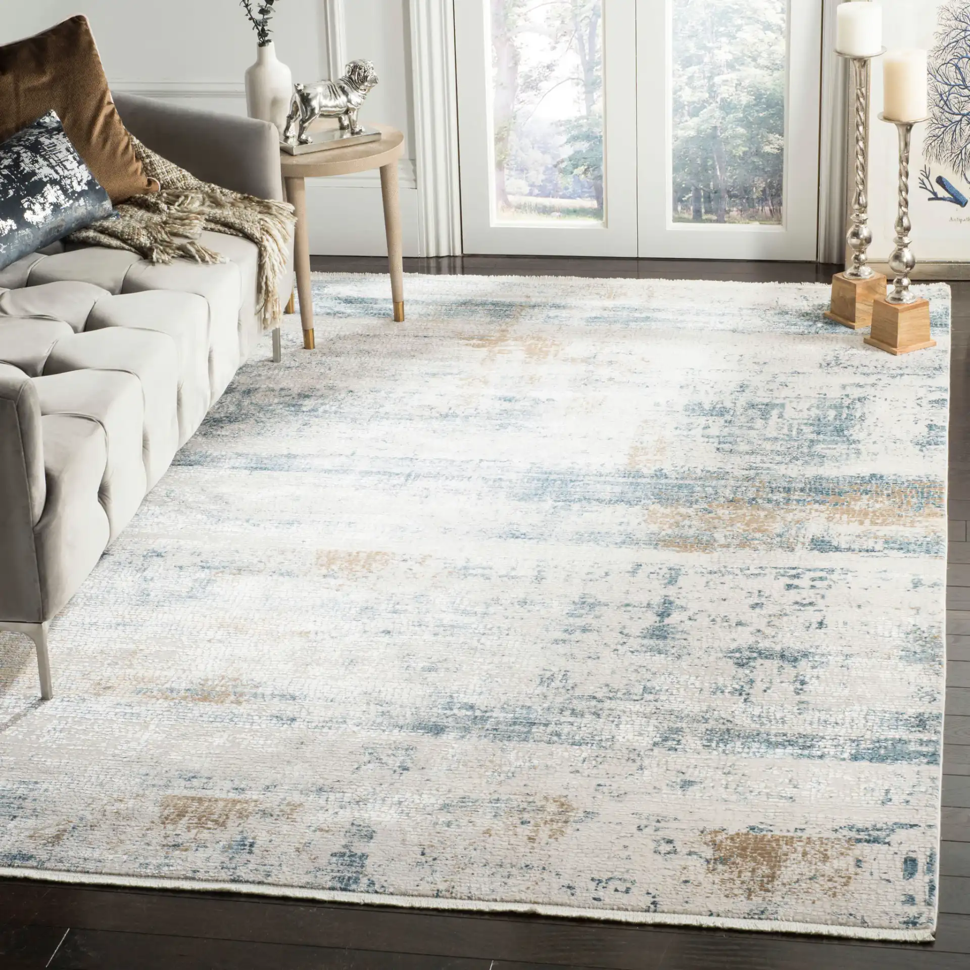 Eclipse Abstract Grid Rug in Beige / Light Gray in a styled room