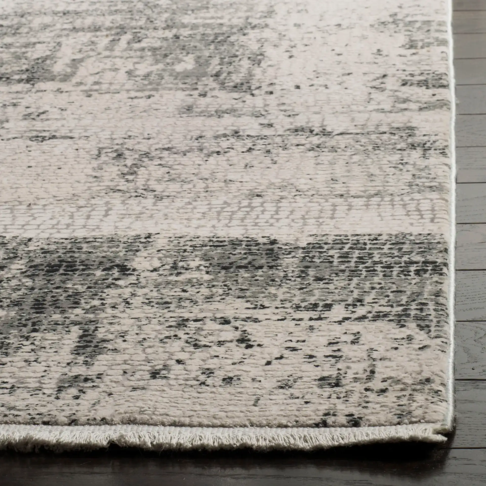 Eclipse Horizontal Abstract Rug in Beige / Gray in a styled room