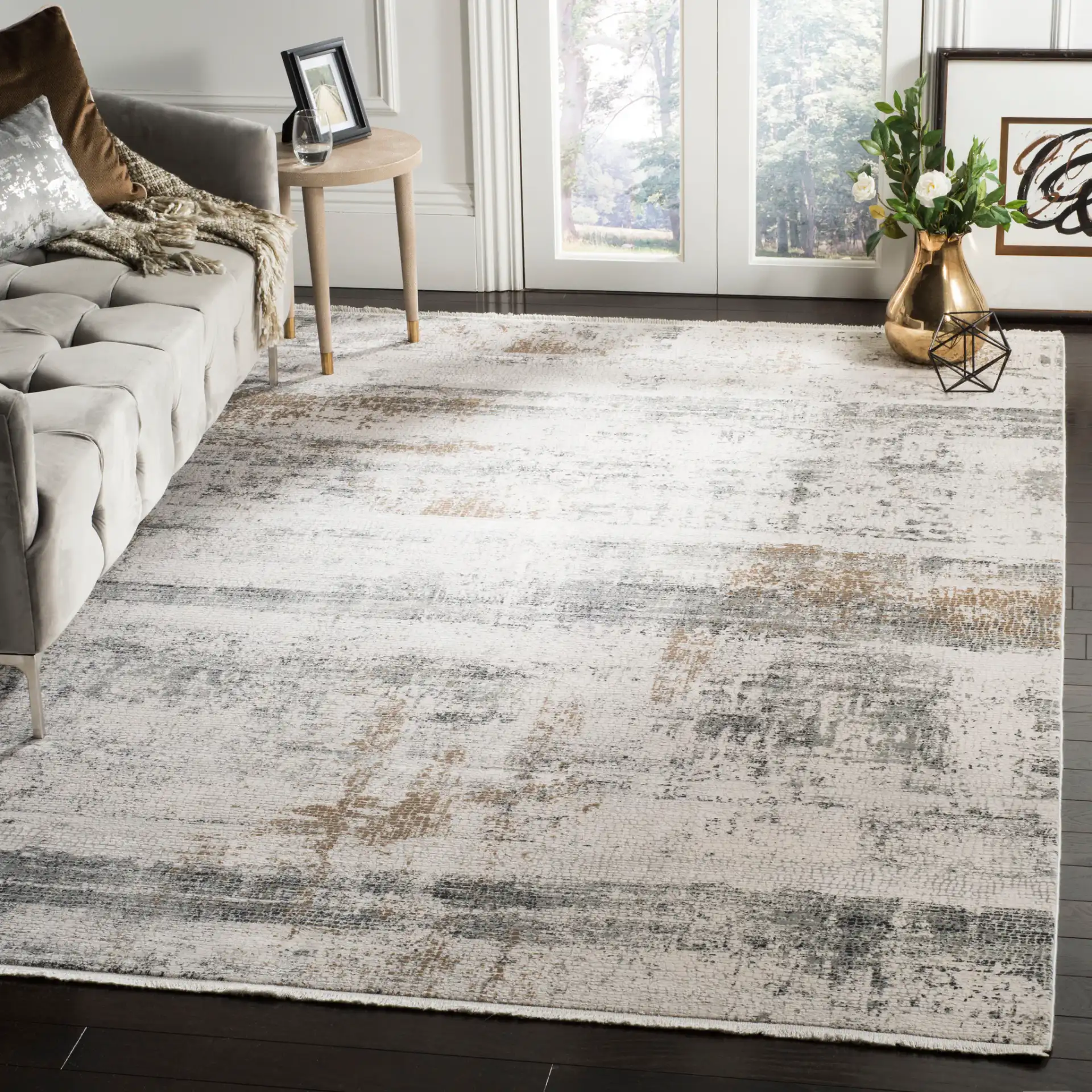 Eclipse Horizontal Abstract Rug in Beige / Gray in a styled room