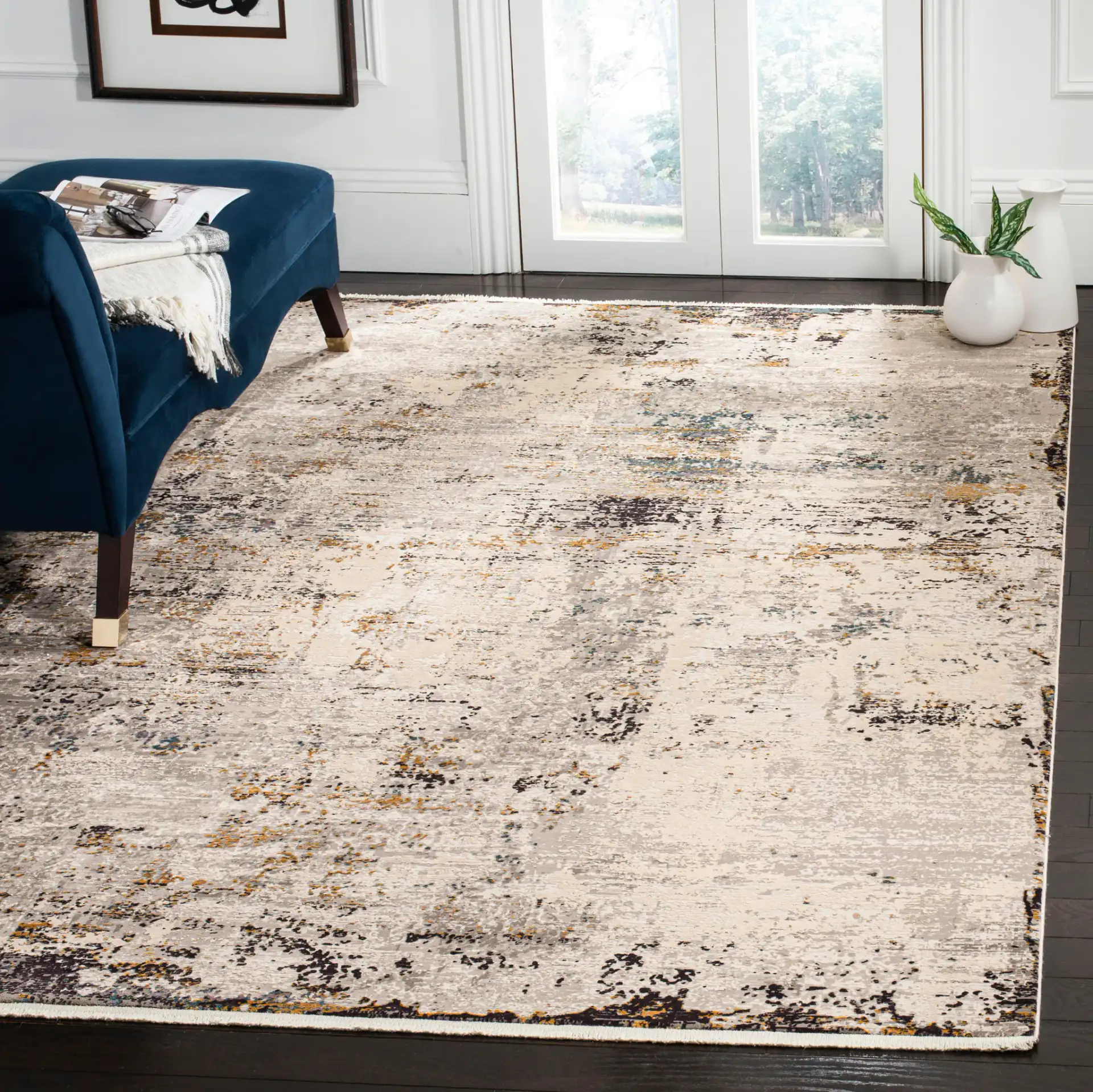 Eclipse Eroded Abstract Rug in Light Gray / Beige in a styled room