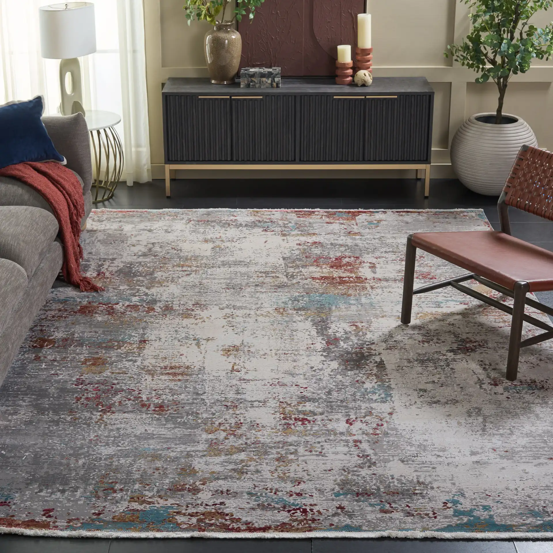 Eclipse Modernist Abstract Rug in Light Gray / Beige in a styled room