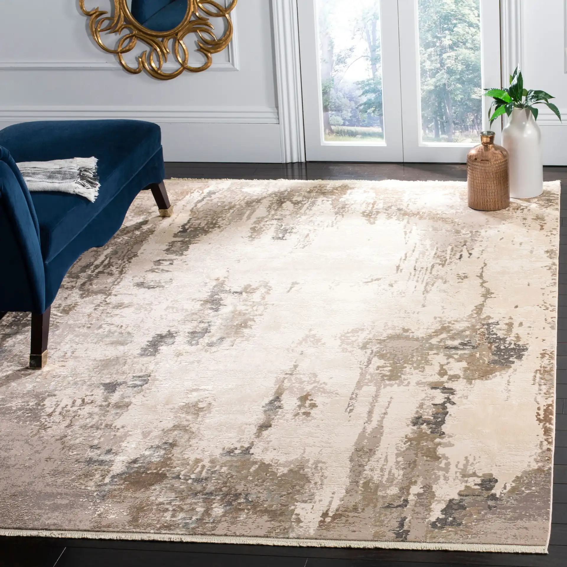 Eclipse Open Field Abstract Rug in Light Gray / Beige in a styled room