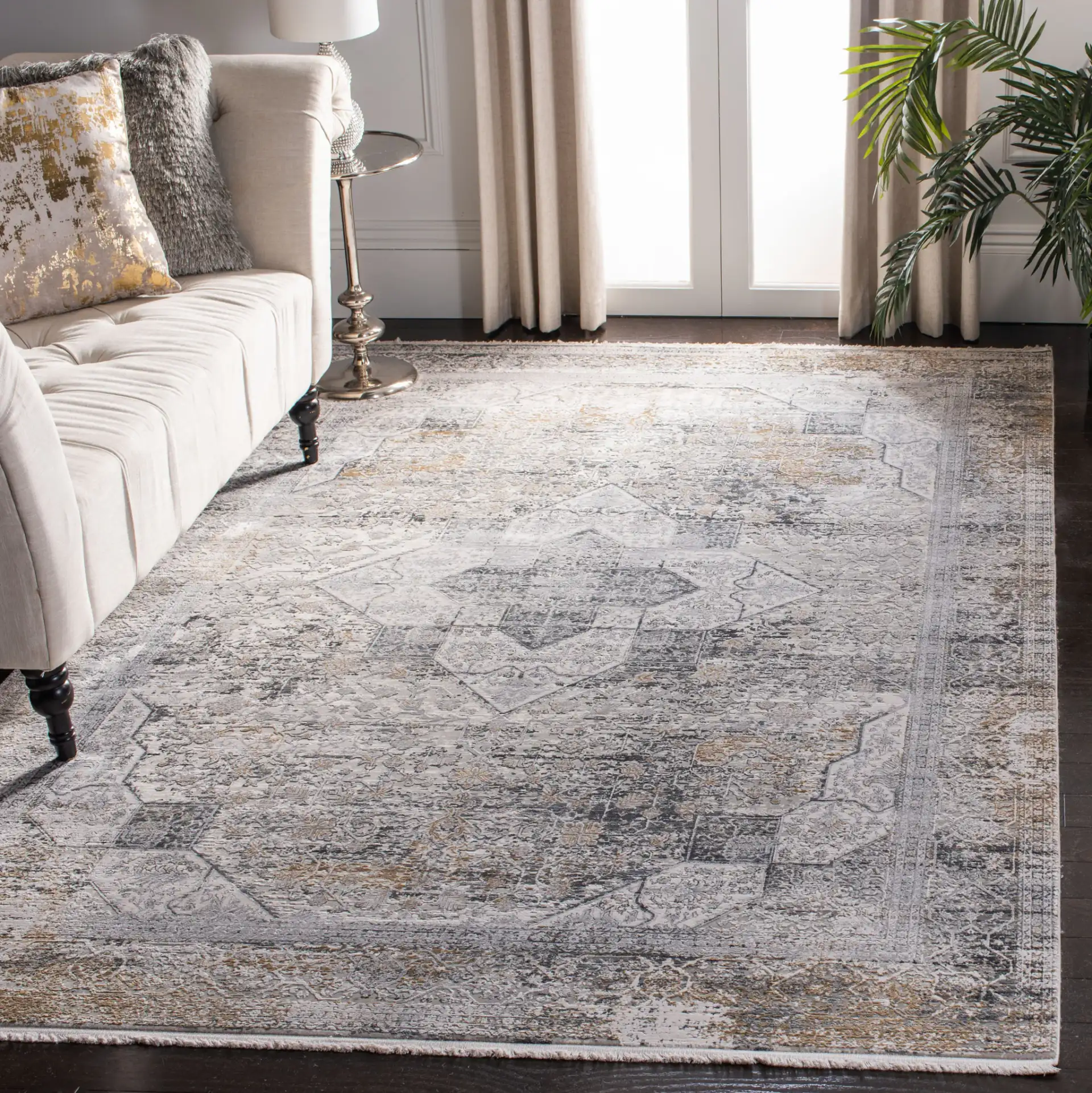 Eclipse Medallion Rug in Light Gray / Gray in a styled room