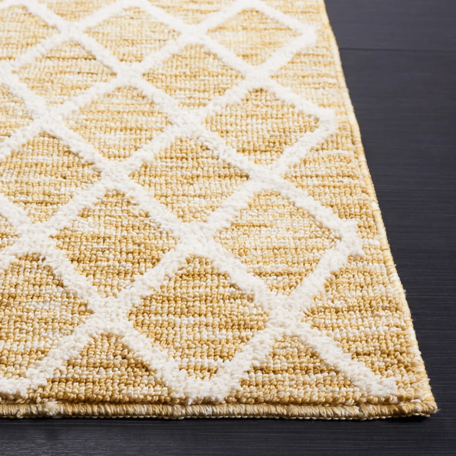 Easy Care Allover Trellis Washable Rug in Gold / Ivory in a styled room