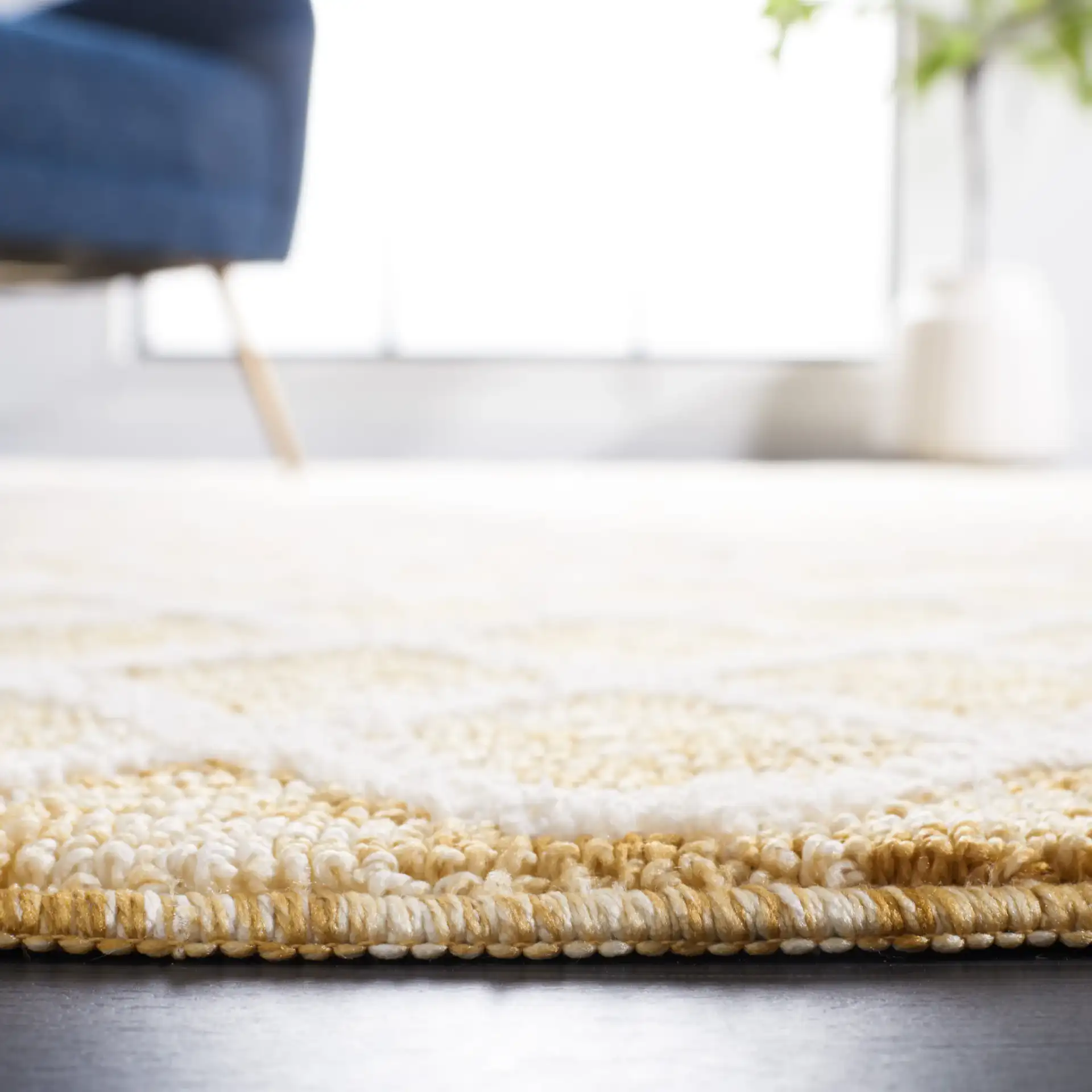 Easy Care Allover Trellis Washable Rug in Gold / Ivory in a styled room