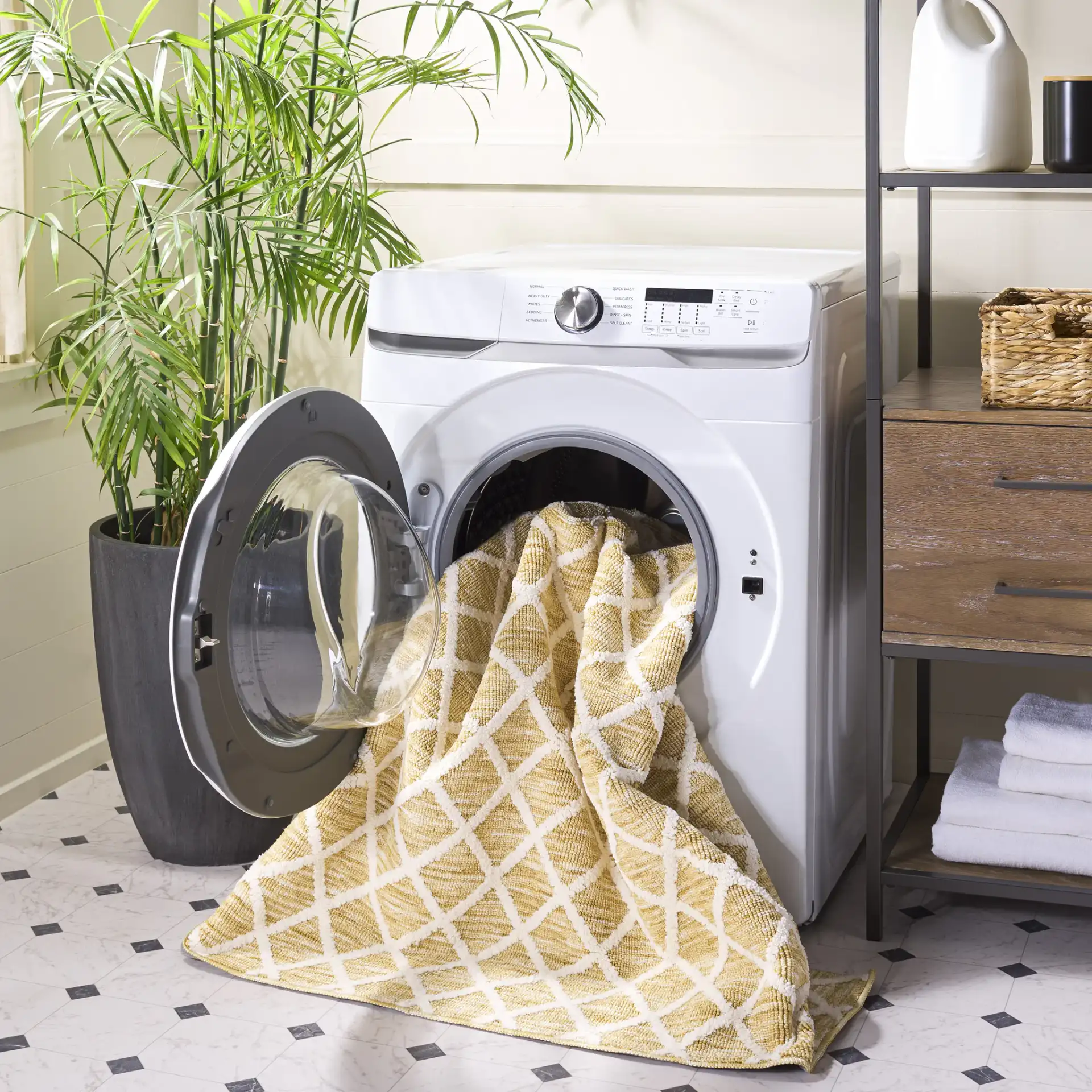 Easy Care Allover Trellis Washable Rug in Gold / Ivory in a styled room