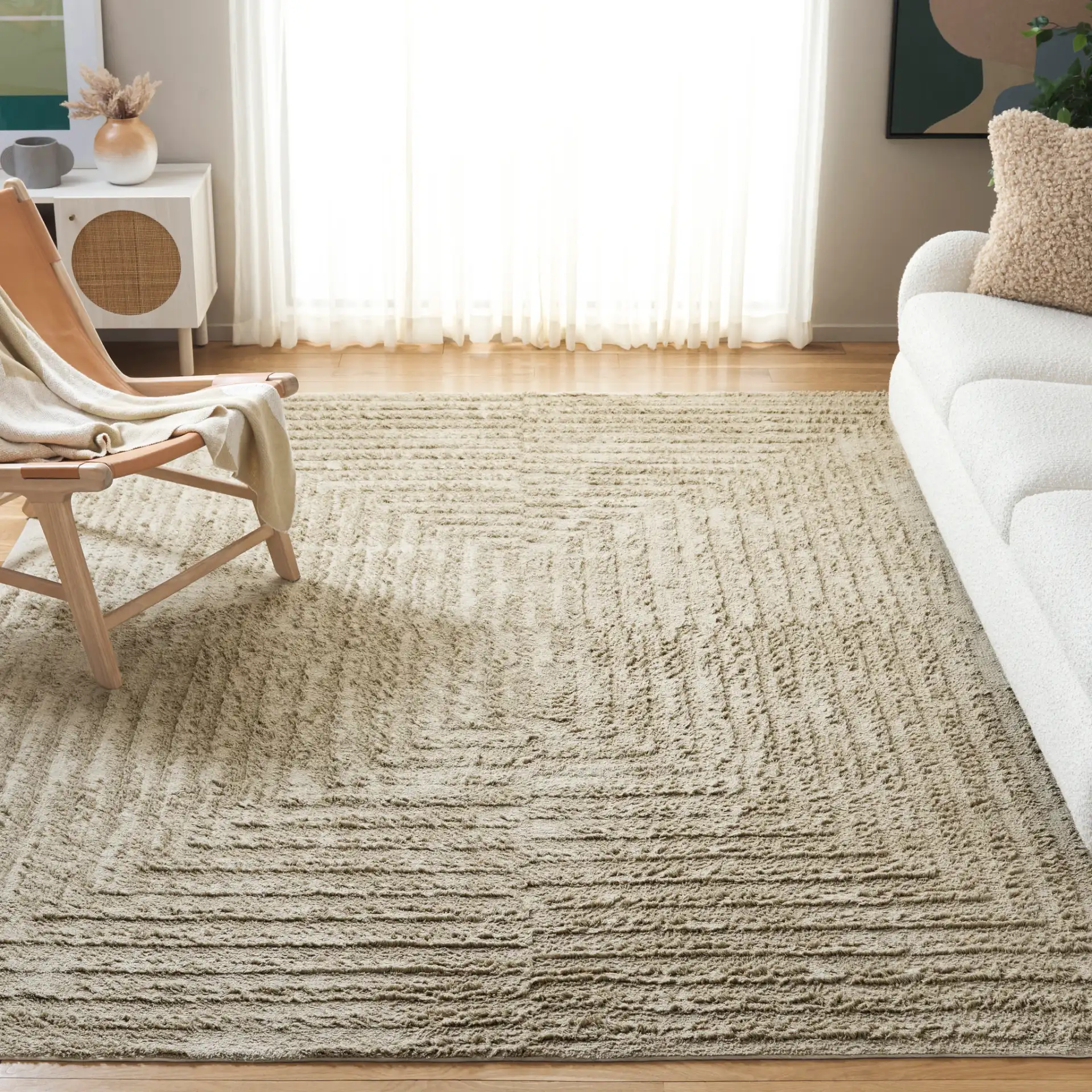 Easy Care Concentric Borders Cotton Washable Rug in Sage in a styled room