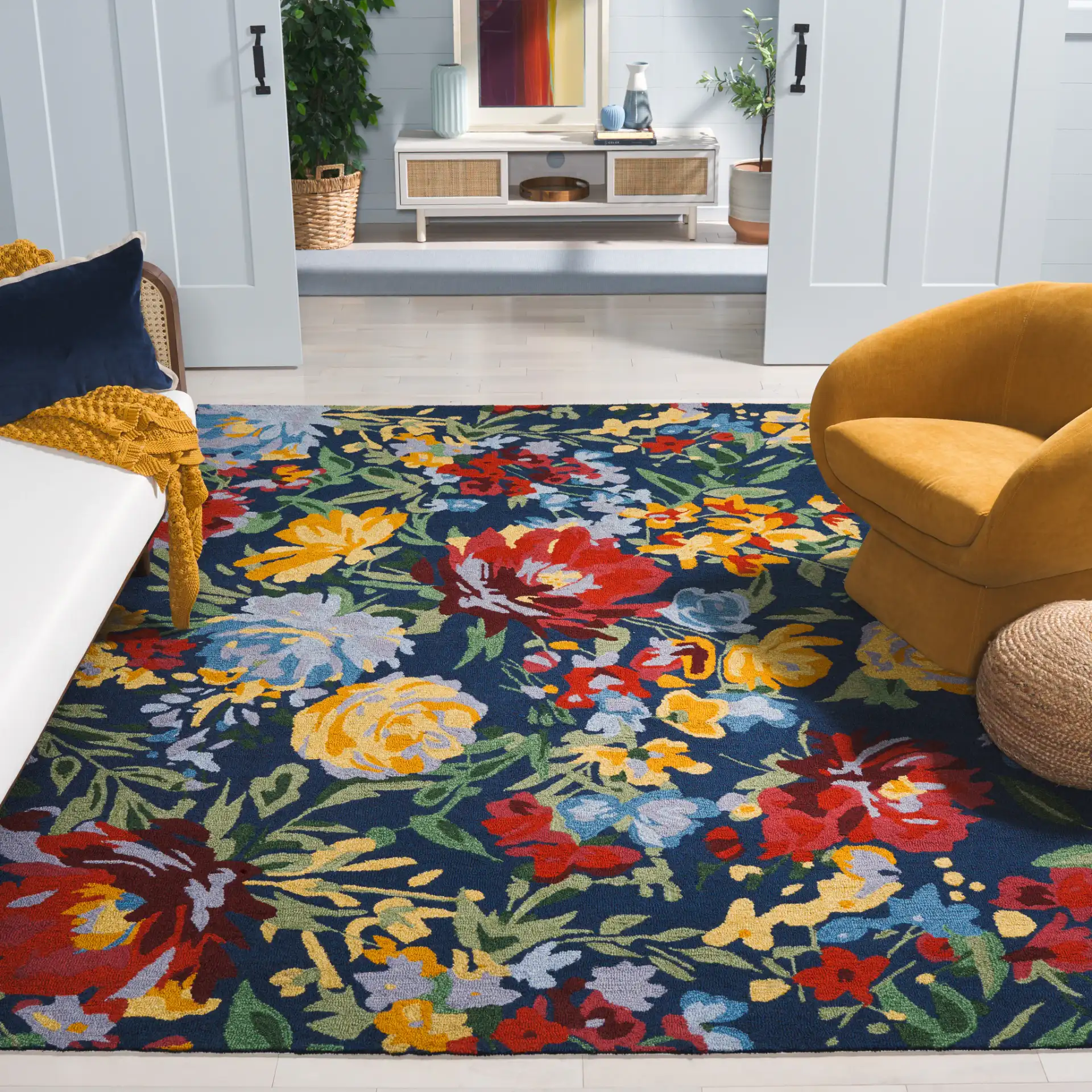 Easy Care Dense Floral Hand-Tufted Rug in Navy / Red in a styled room