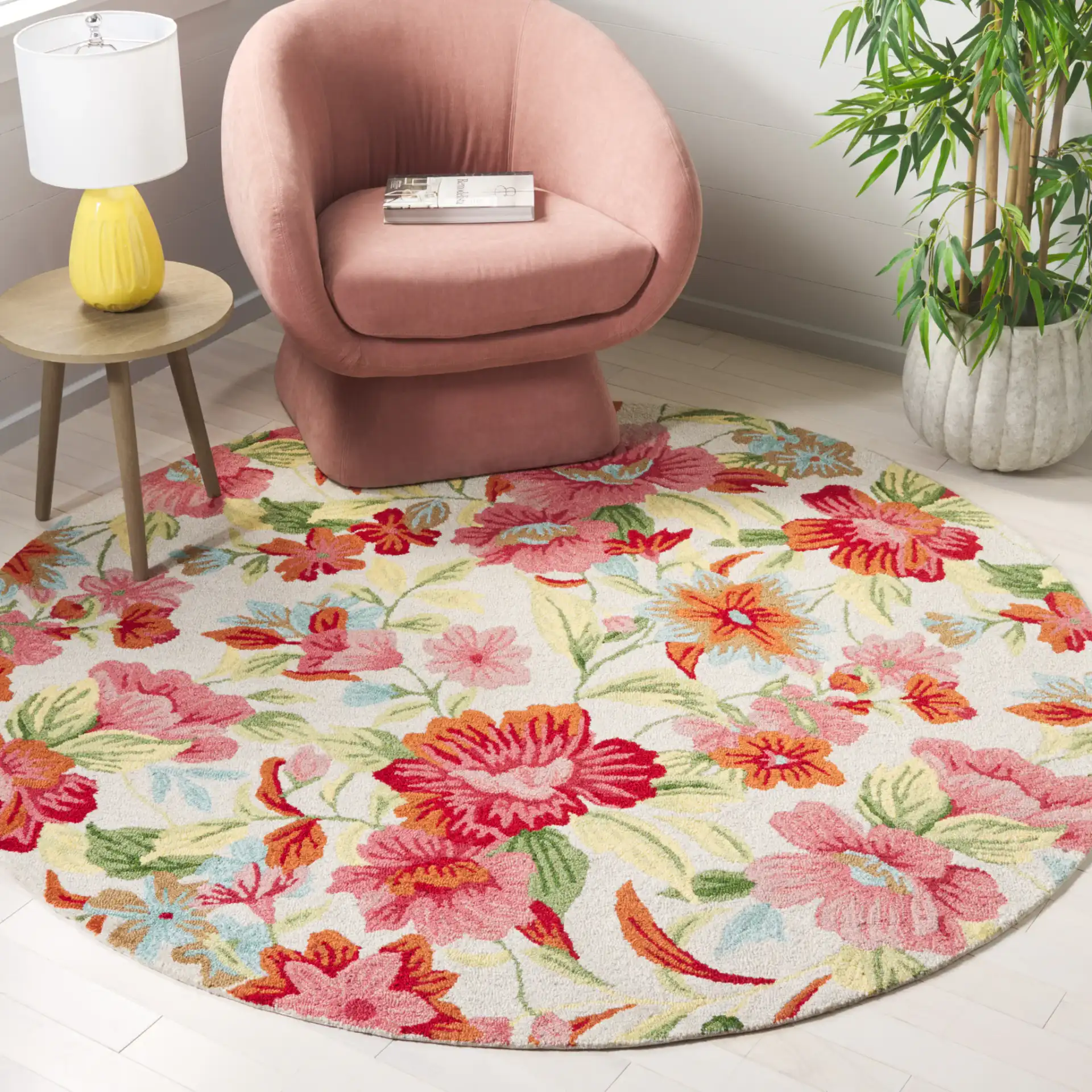 Easy Care Floral Hand-Tufted Rug in Ivory / Red in a styled room