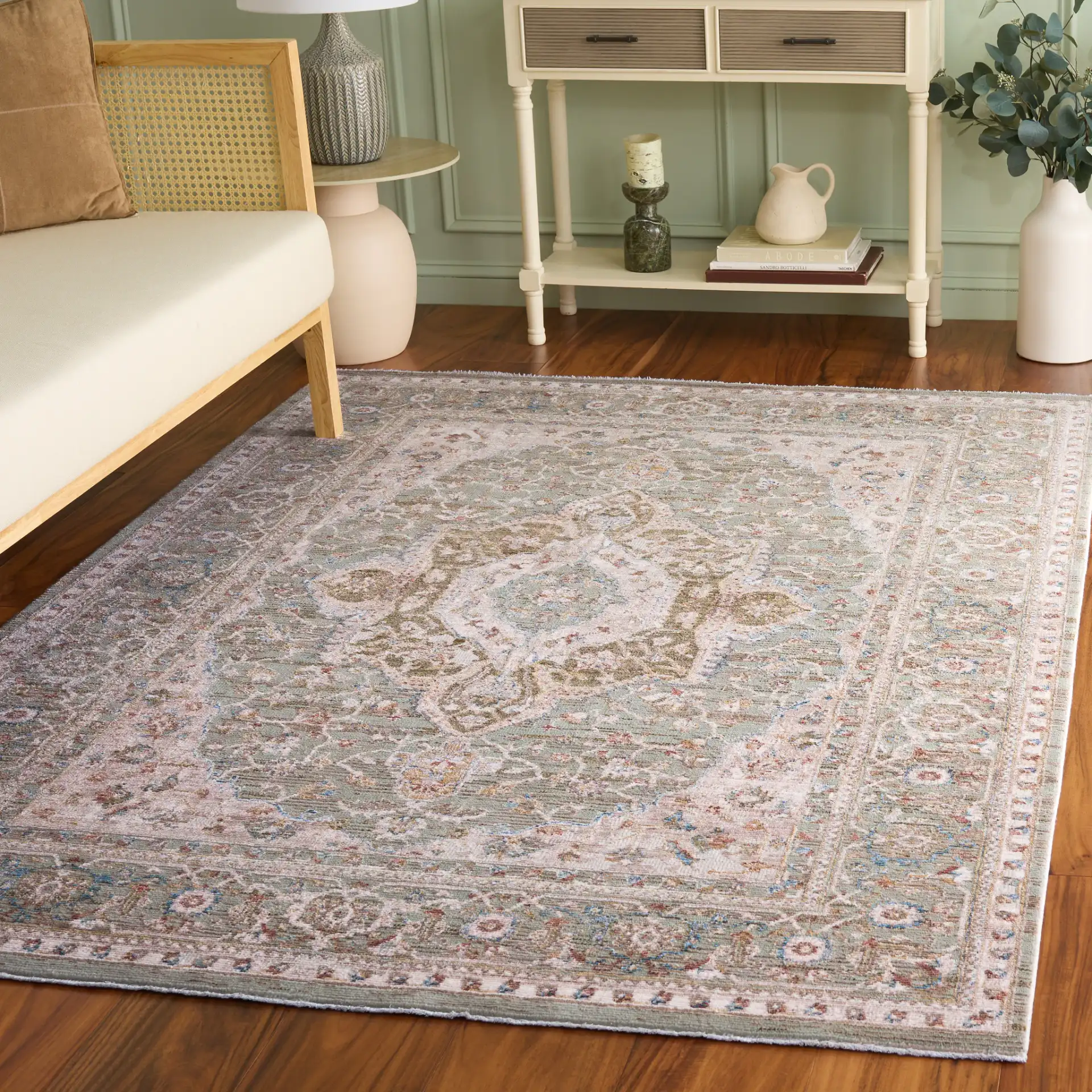 Ellwood Traditional Medallion Rug in Olive / Beige in a styled room