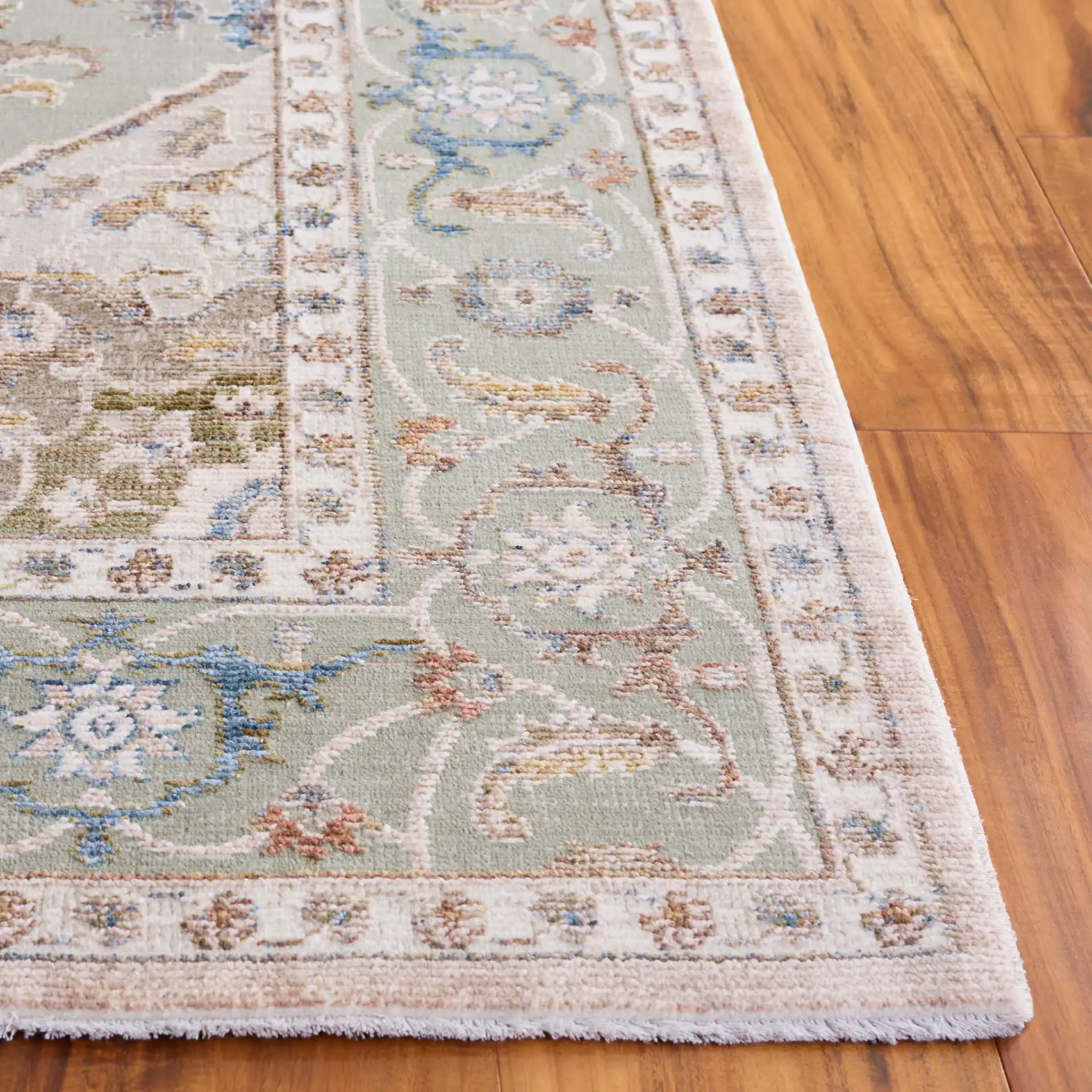 Ellwood Medallion Bordered Rug in Olive / Beige in a styled room