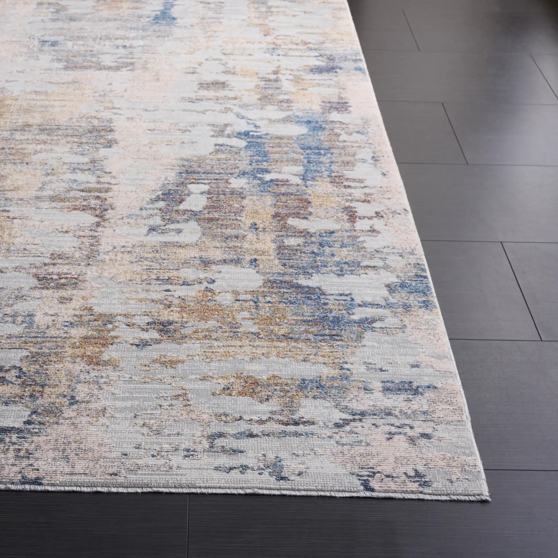 Ellwood Modern Abstract Linear Rug in Ivory / Gray in a styled room