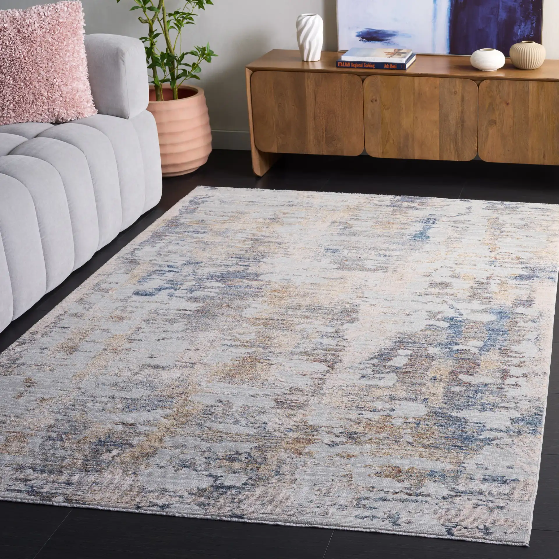 Ellwood Modern Abstract Linear Rug in Ivory / Gray in a styled room
