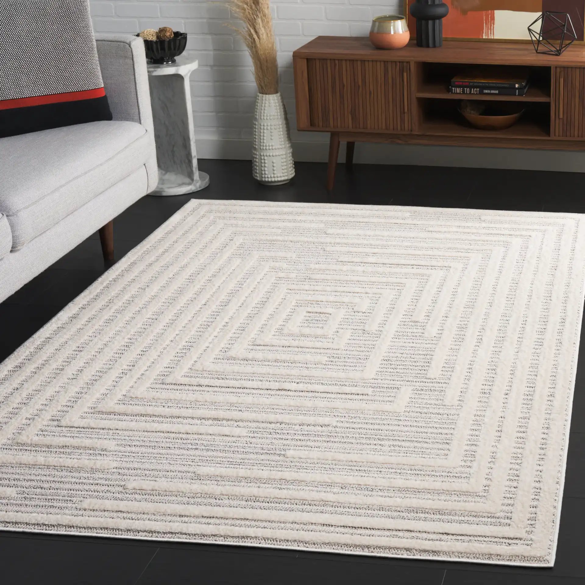 Elmhurst Concentric Square Rug in Ivory / Gray in a styled room