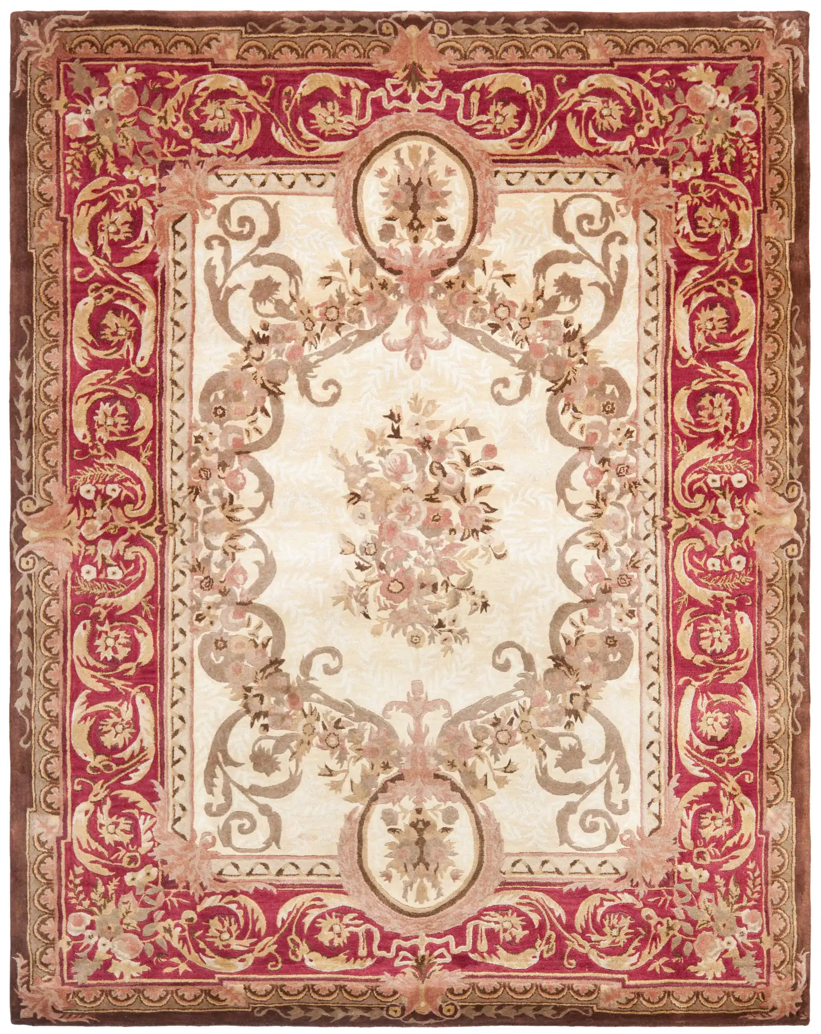 Empire Oval Medallion Bordered Hand-Tufted Wool Rug in Light Gold / Red