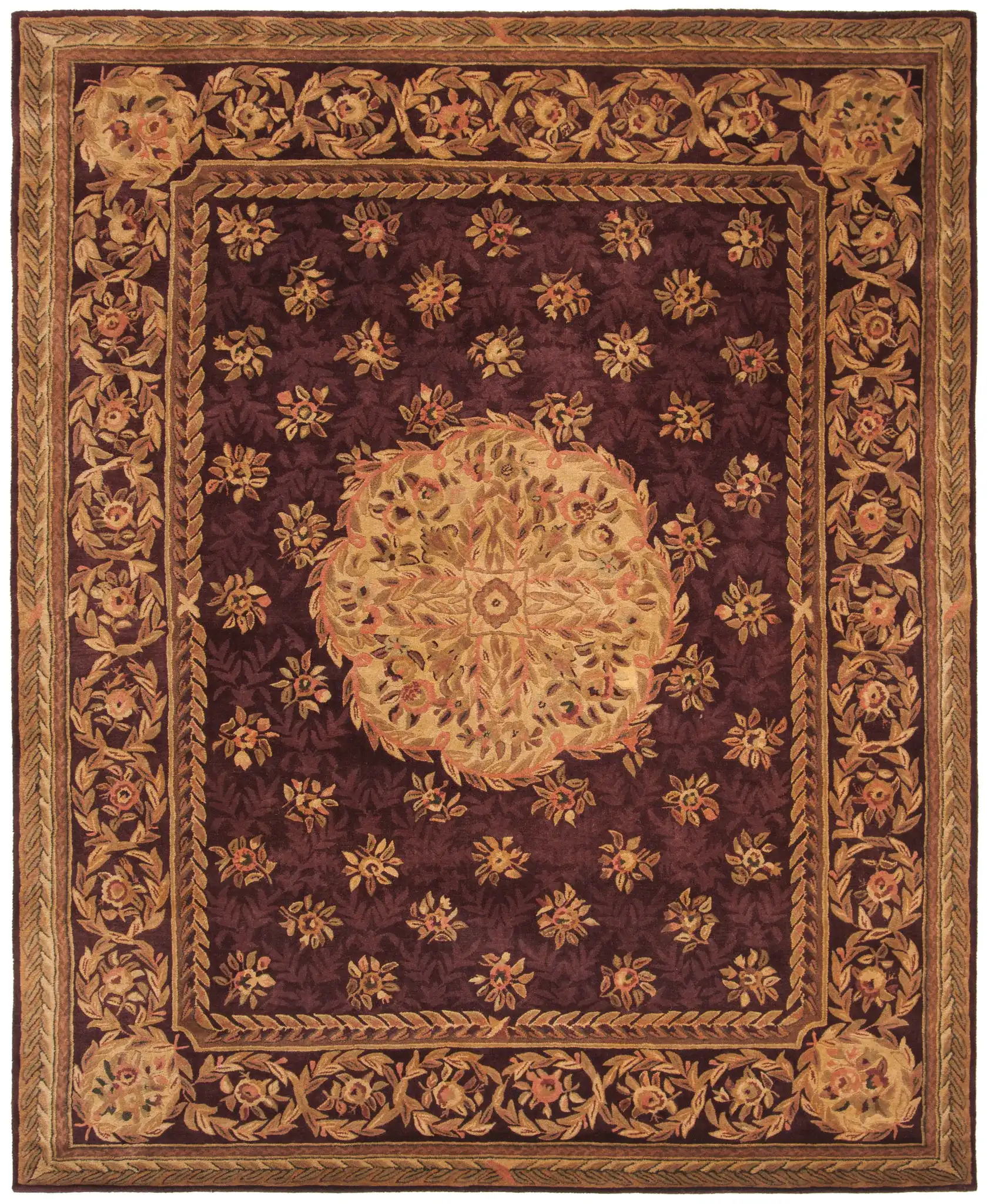 Empire Floral Rosette Bordered Hand-Tufted Wool Rug in Burgundy