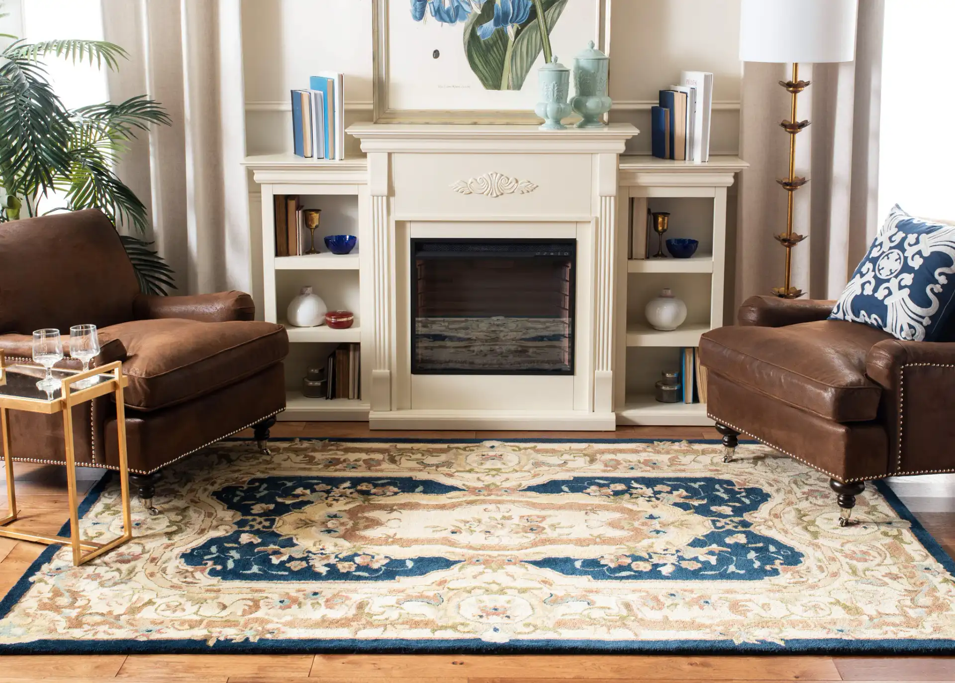 Empire Medallion Floral Hand-Tufted Wool Rug in Navy / Beige in a styled room