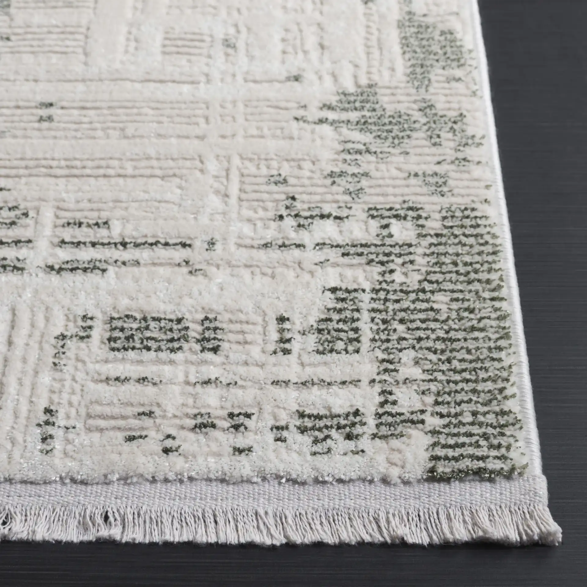 Emerald Abstract Grid Rug in Green / Ivory in a styled room