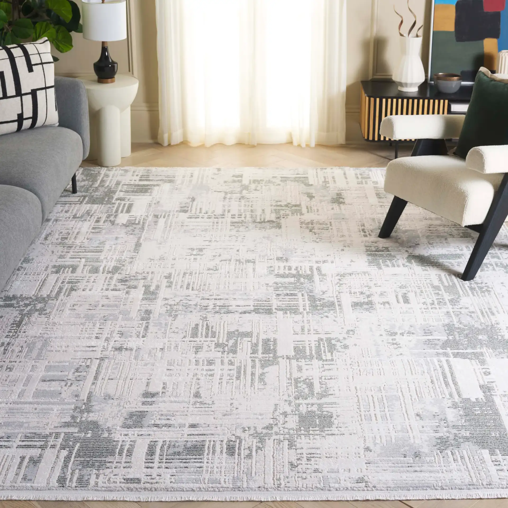 Emerald Abstract Grid Rug in Green / Ivory in a styled room