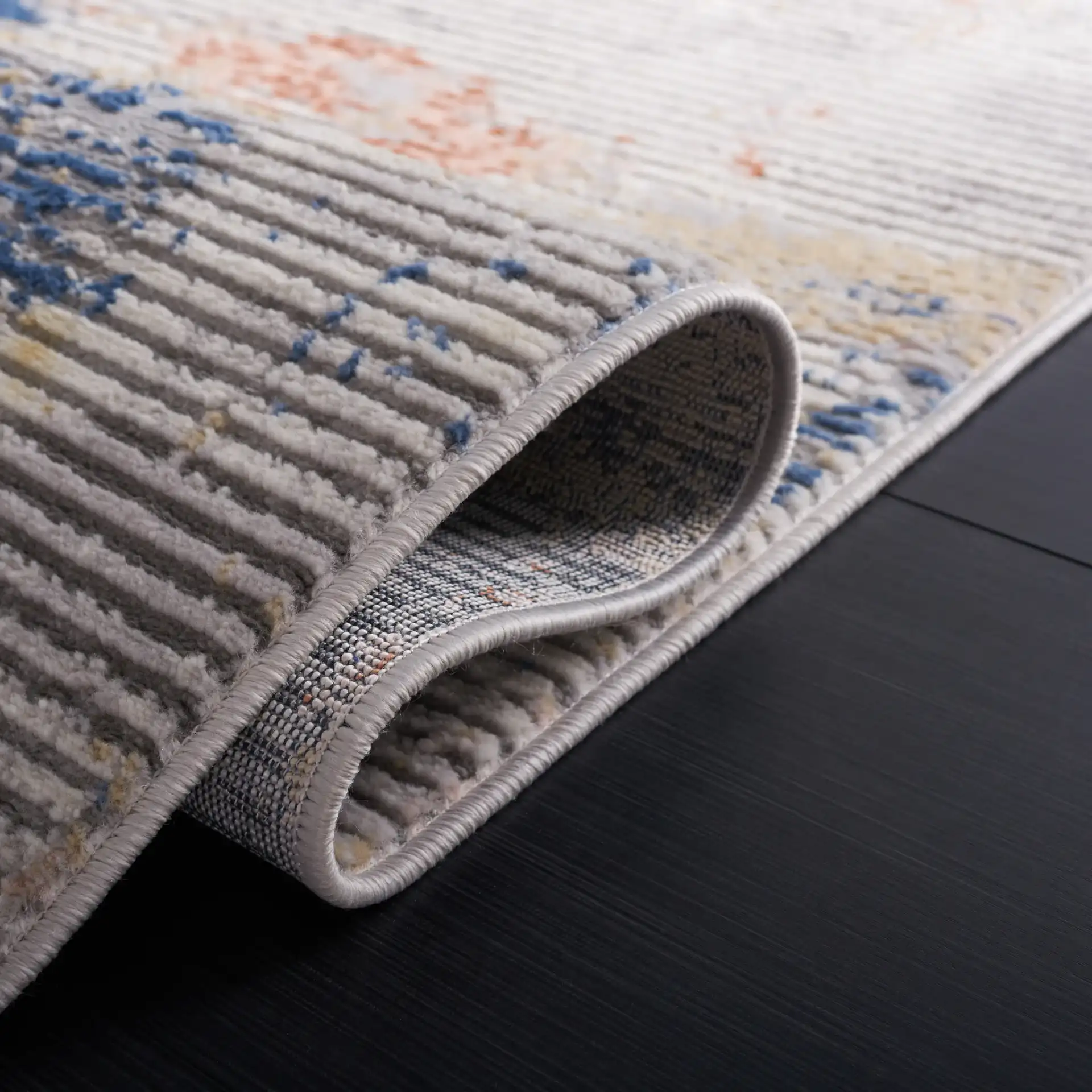 Eternal Weathered Stripe Rug in Gray / Gold in a styled room