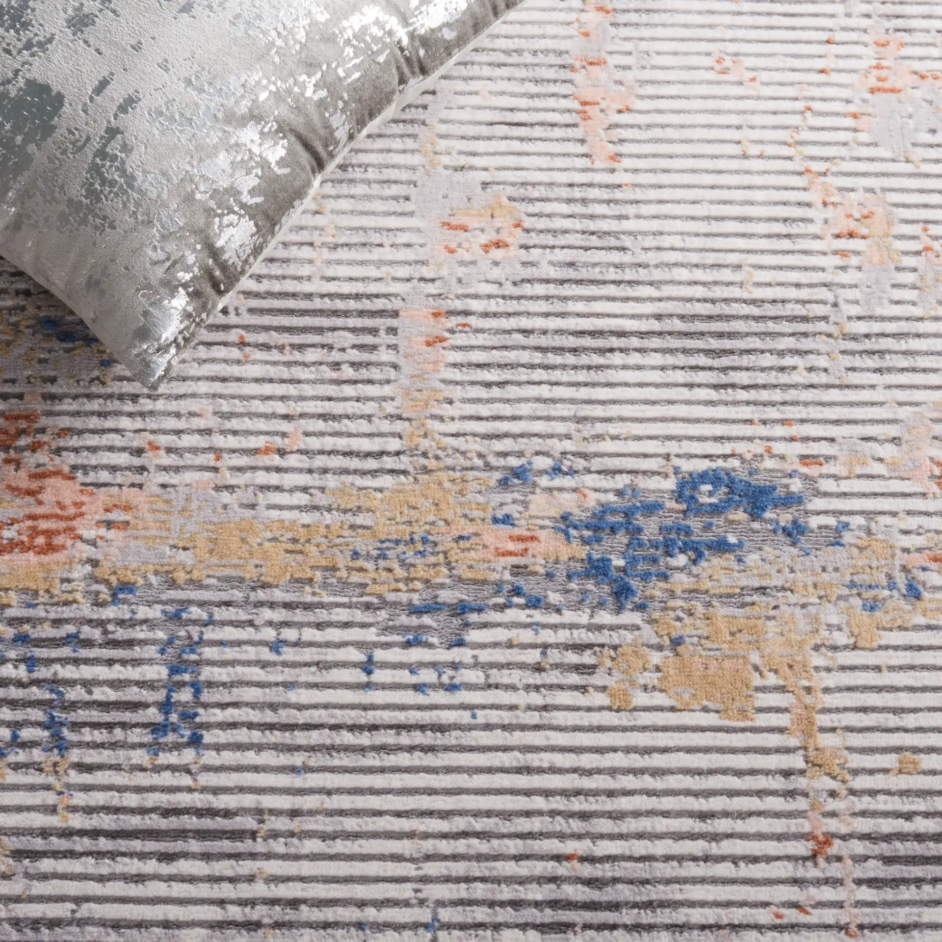 Eternal Weathered Stripe Rug in Gray / Gold in a styled room