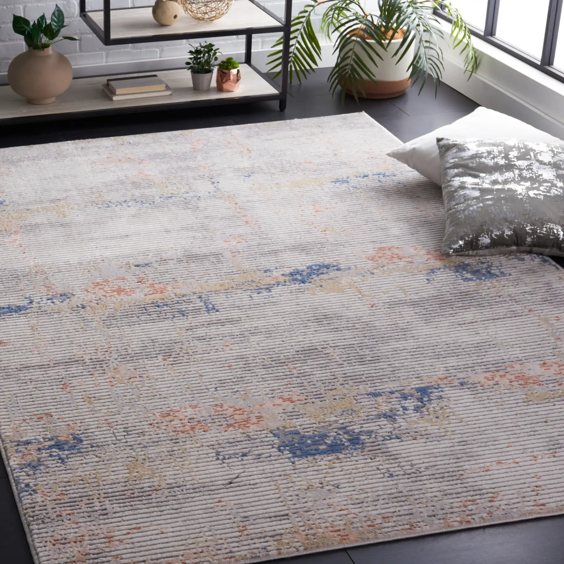 Eternal Weathered Stripe Rug in Gray / Gold in a styled room