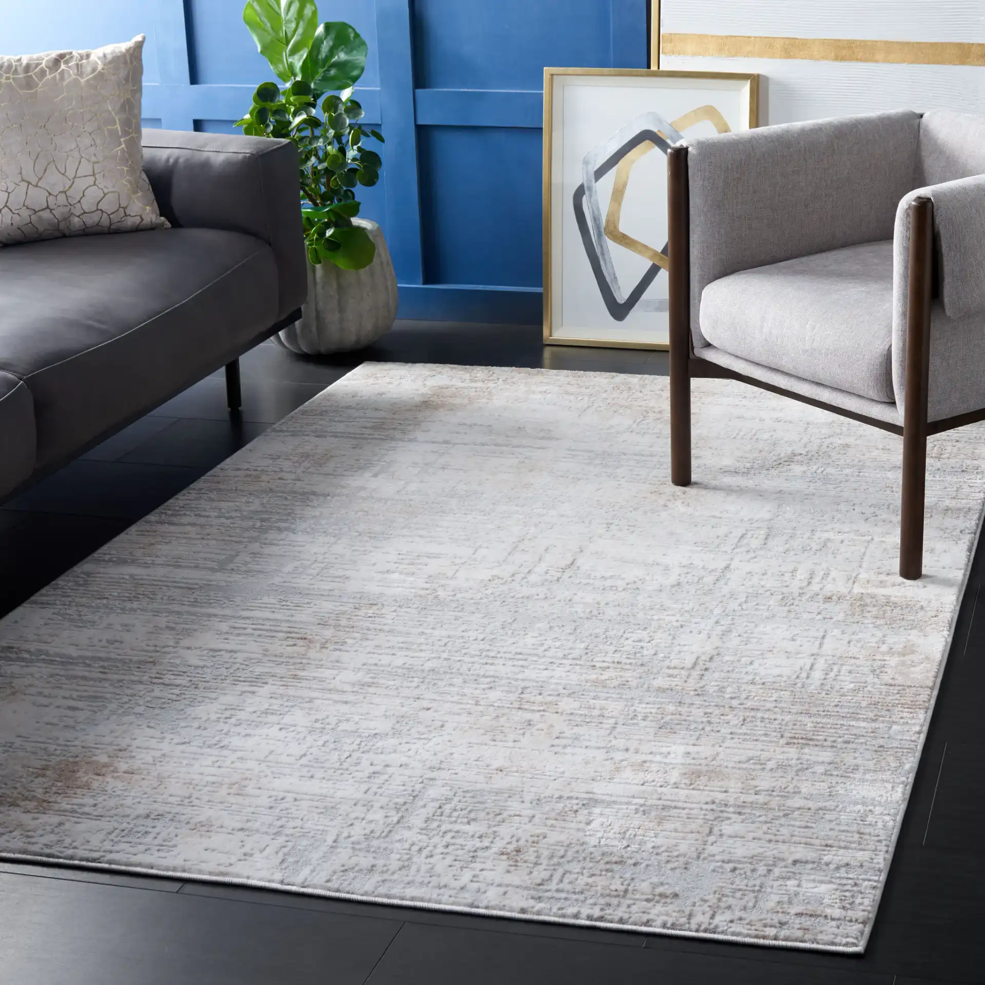 Eternal Linear Abstract Rug in Gray / Ivory in a styled room