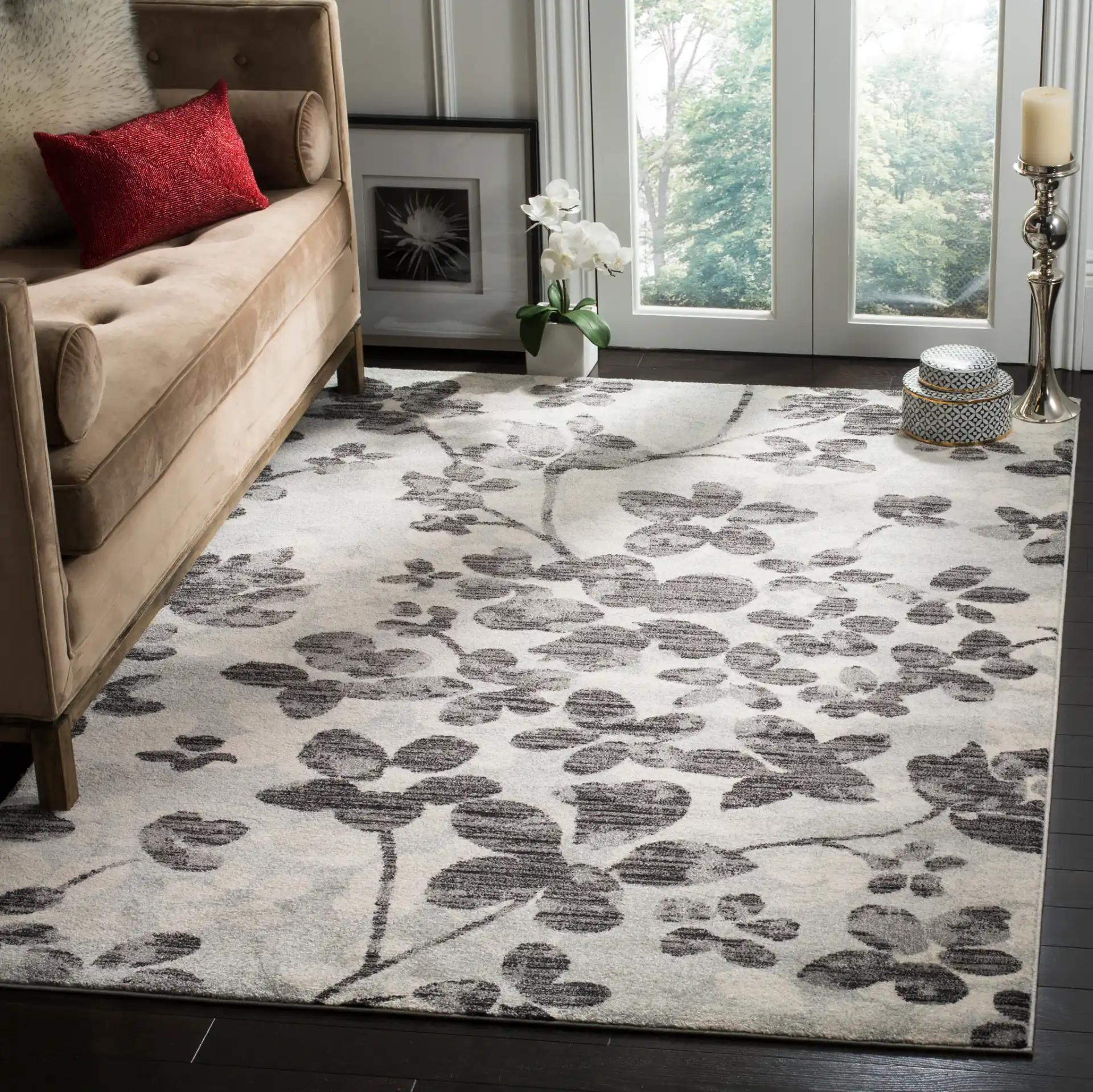 Evoke Allover Floral Rug in Gray / Black in a styled room