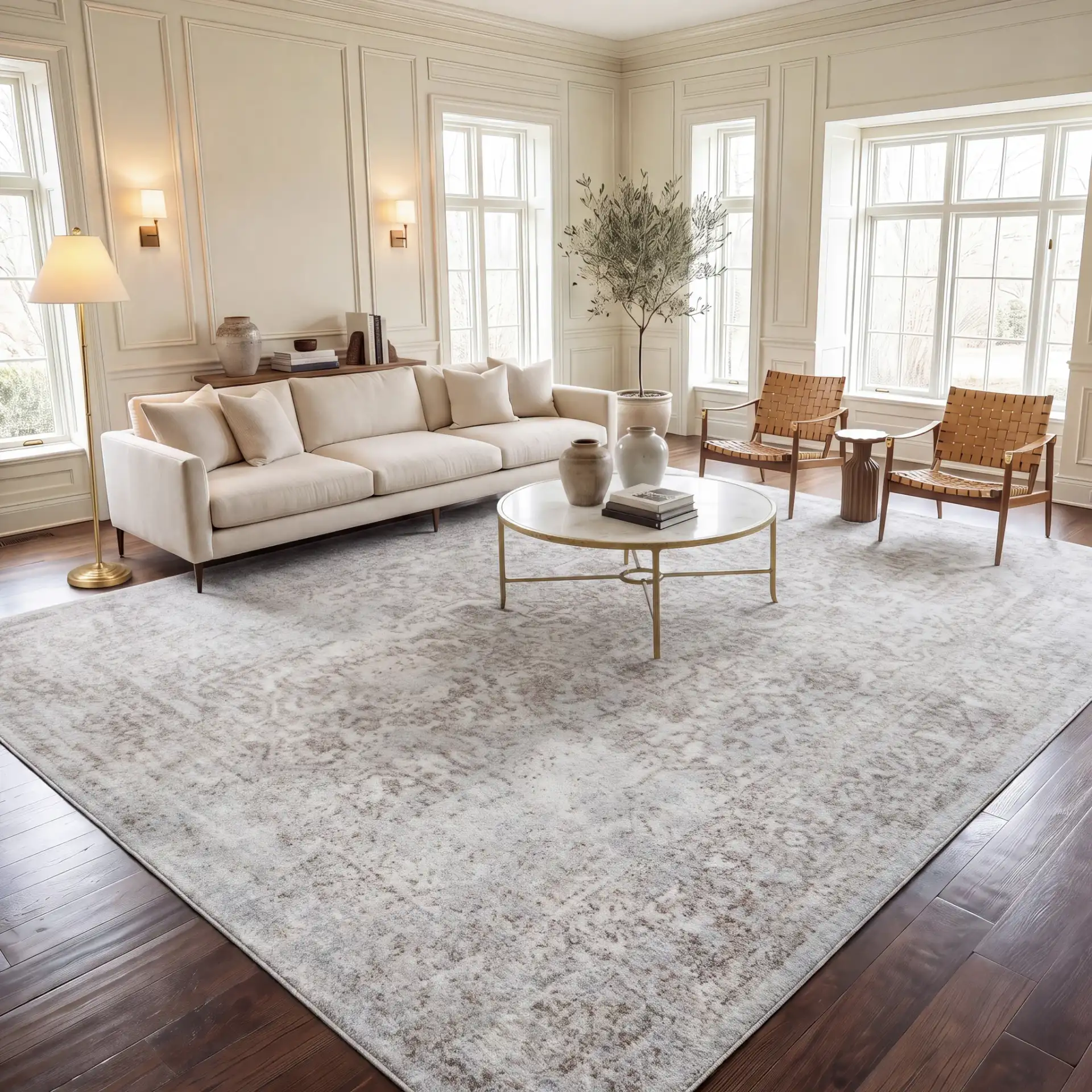 Evoke Distressed Medallion Rug in Ivory / Taupe in a styled room