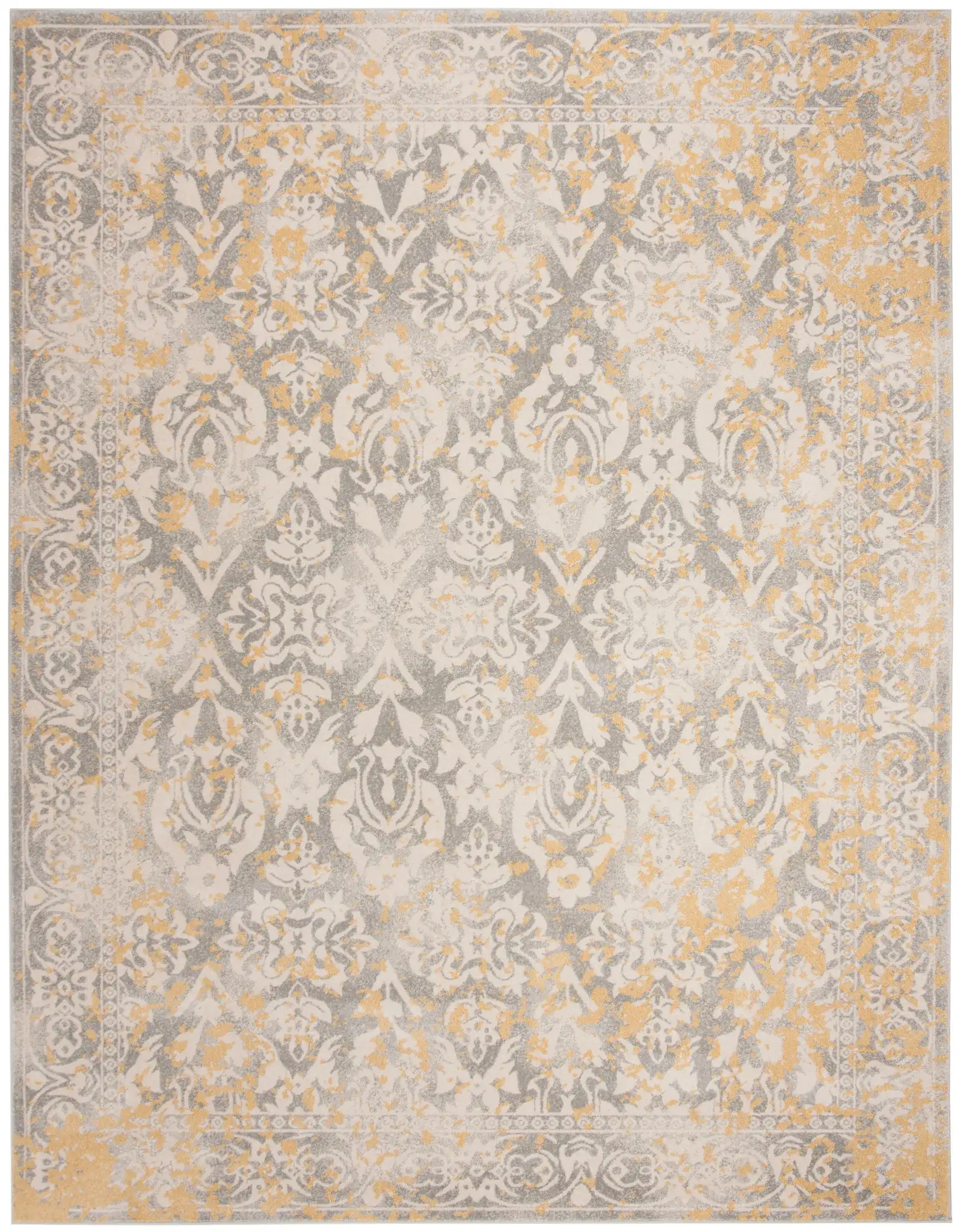 Evoke Distressed Damask Border Rug in Ivory / Gray