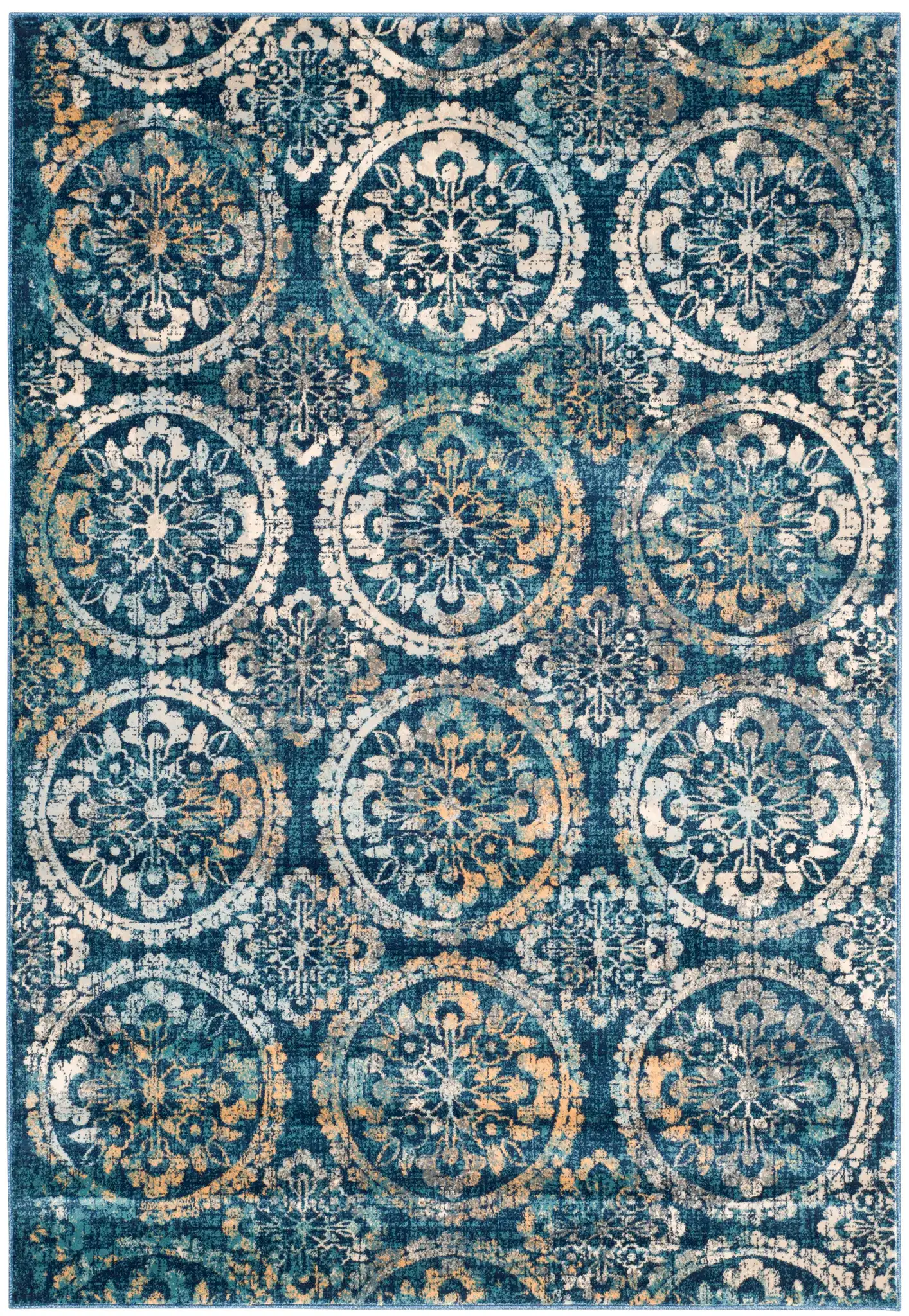 Evoke Repeating Rosette Rug in Navy / Cream, detail view