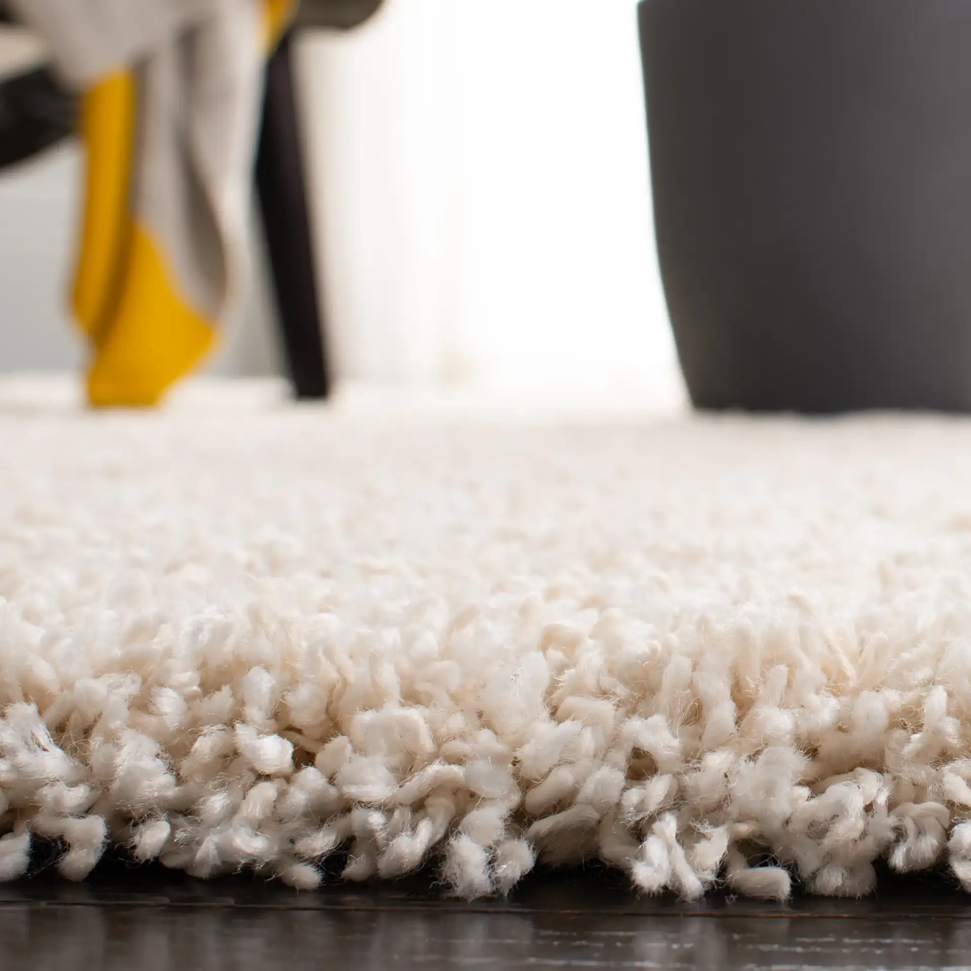 Evolution Solid Shag Rug in Ivory in a styled room