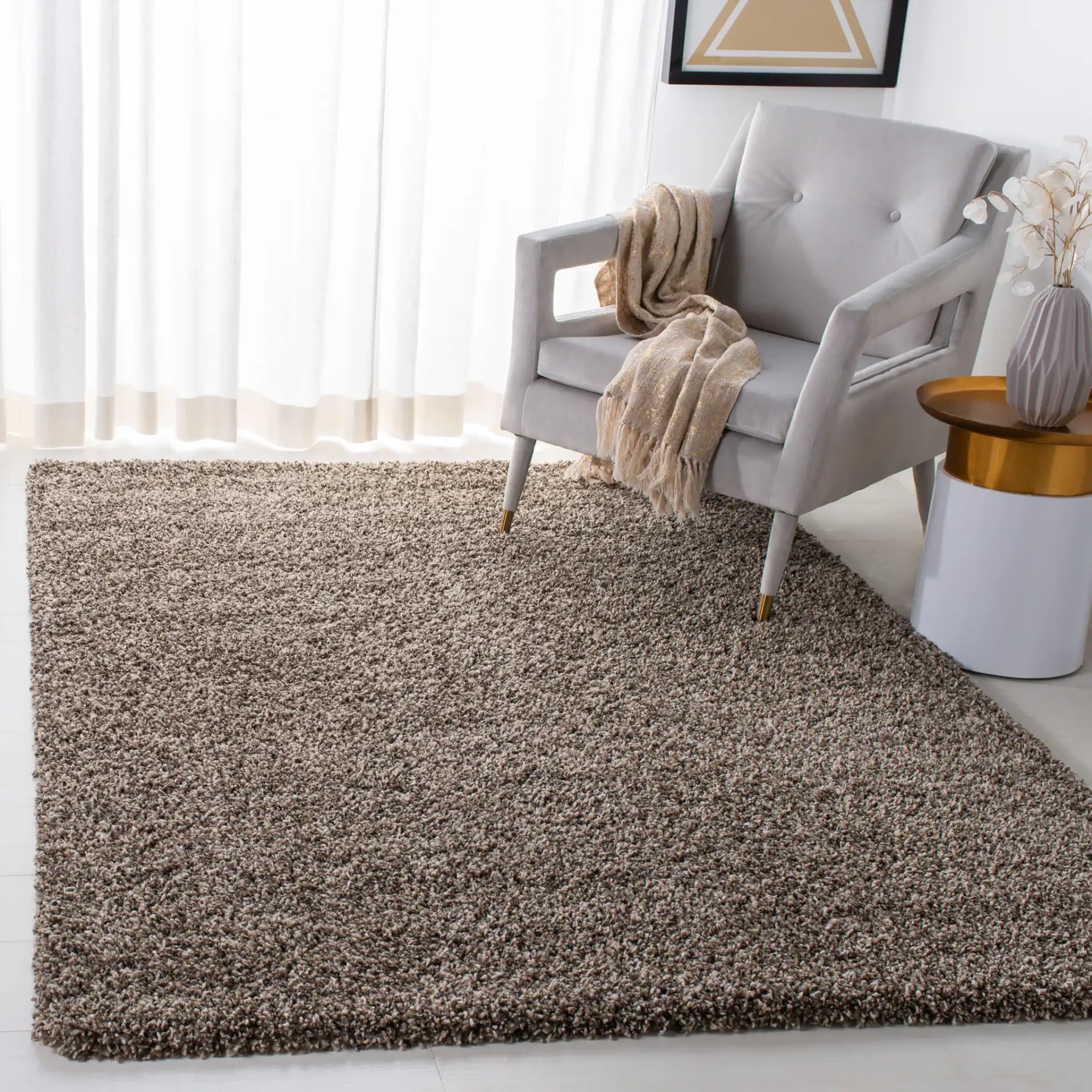 Evolution Solid Shag Rug in Brown in a styled room