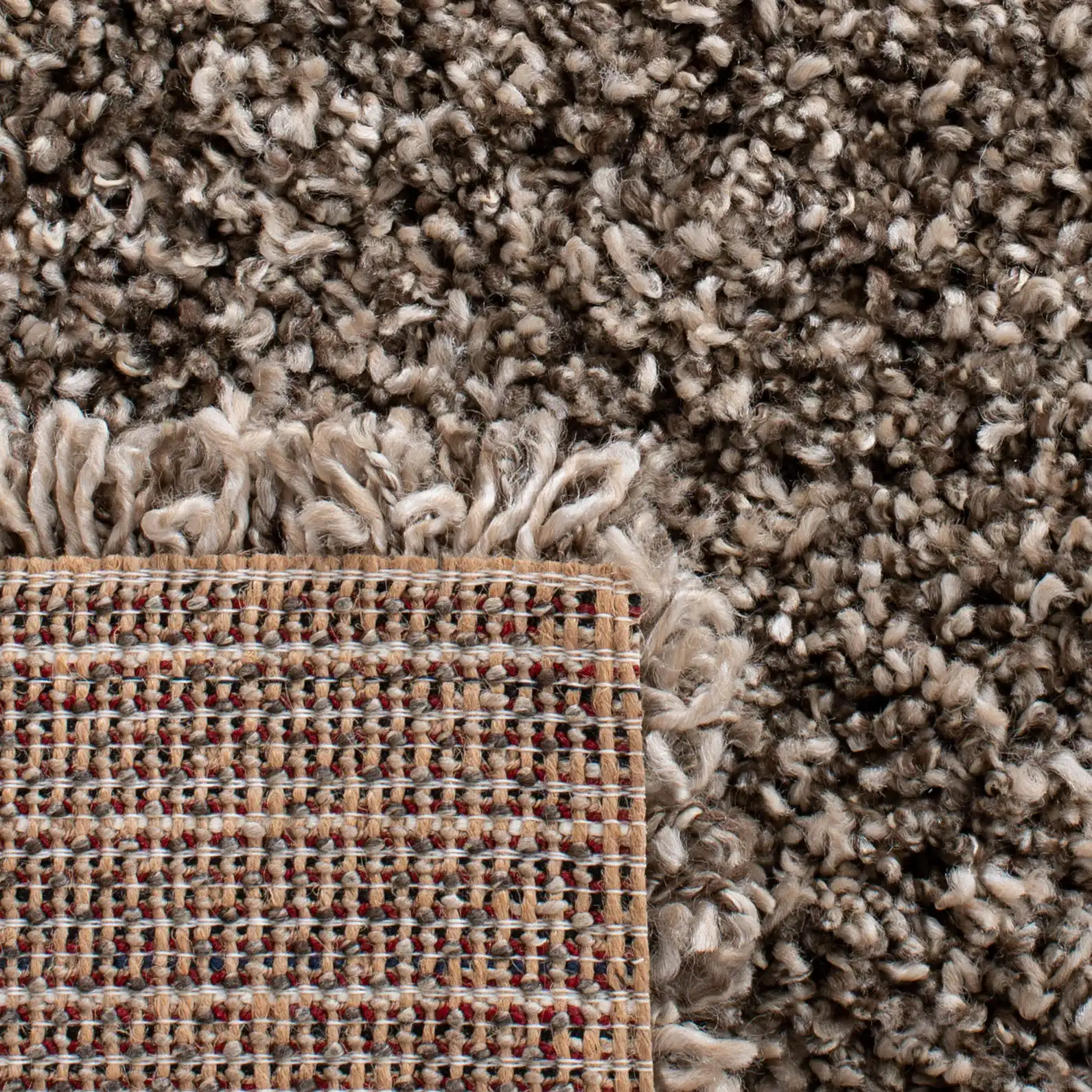 Evolution Solid Shag Rug in Brown in a styled room