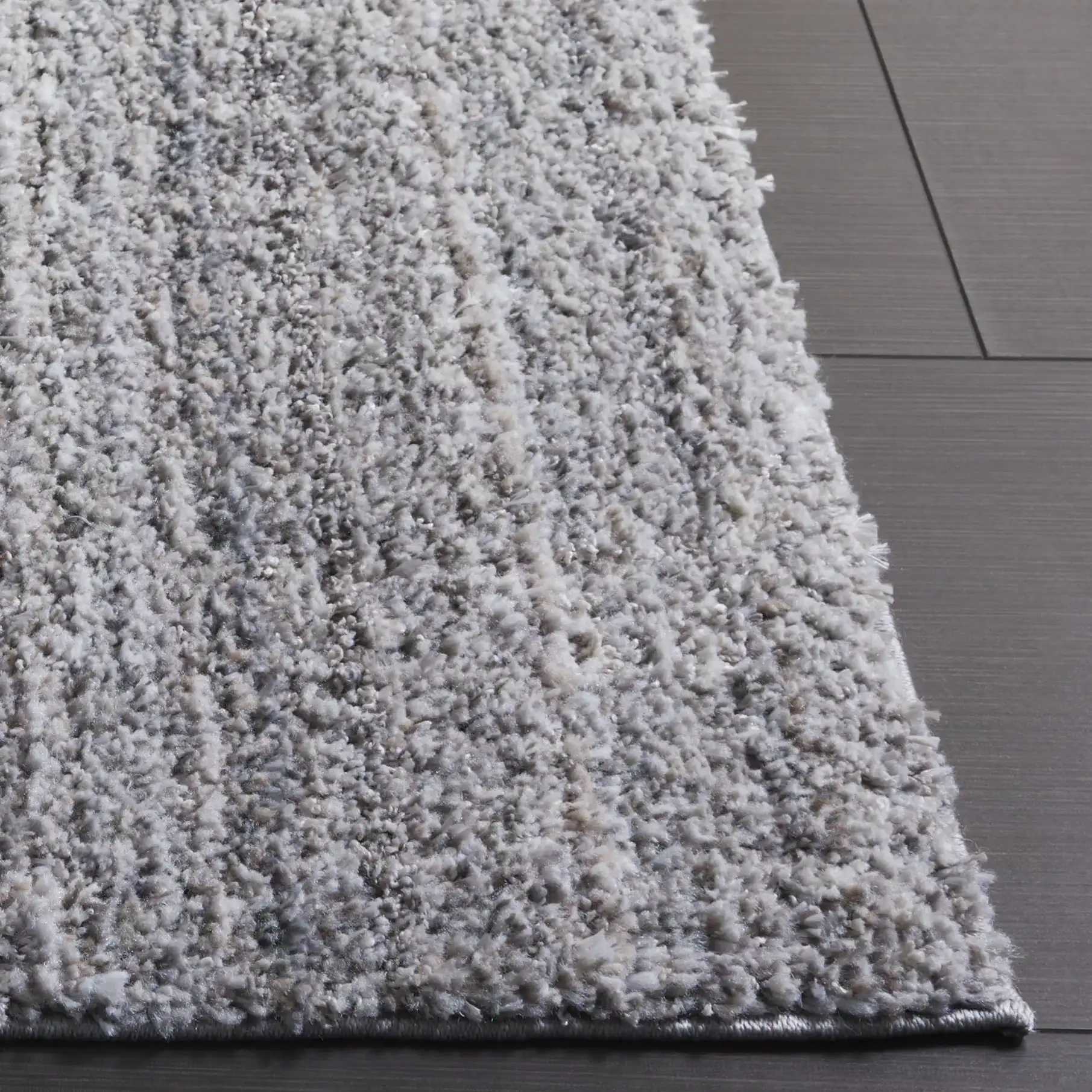 Everett Striated Shag Rug in Gray / Beige in a styled room