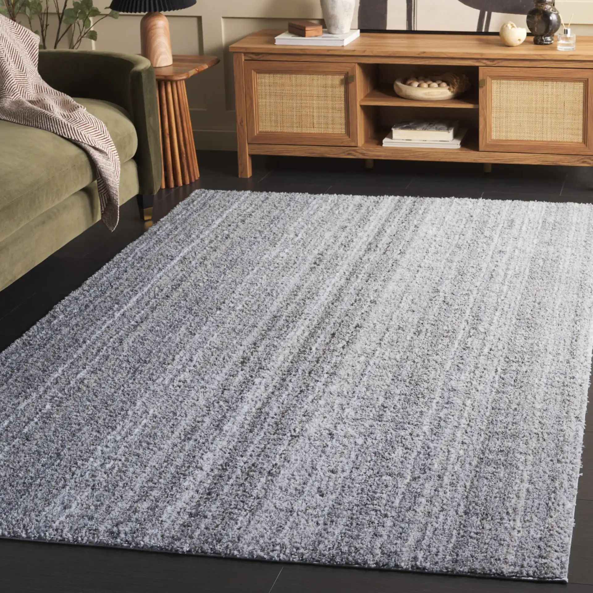 Everett Striated Shag Rug in Gray / Beige in a styled room