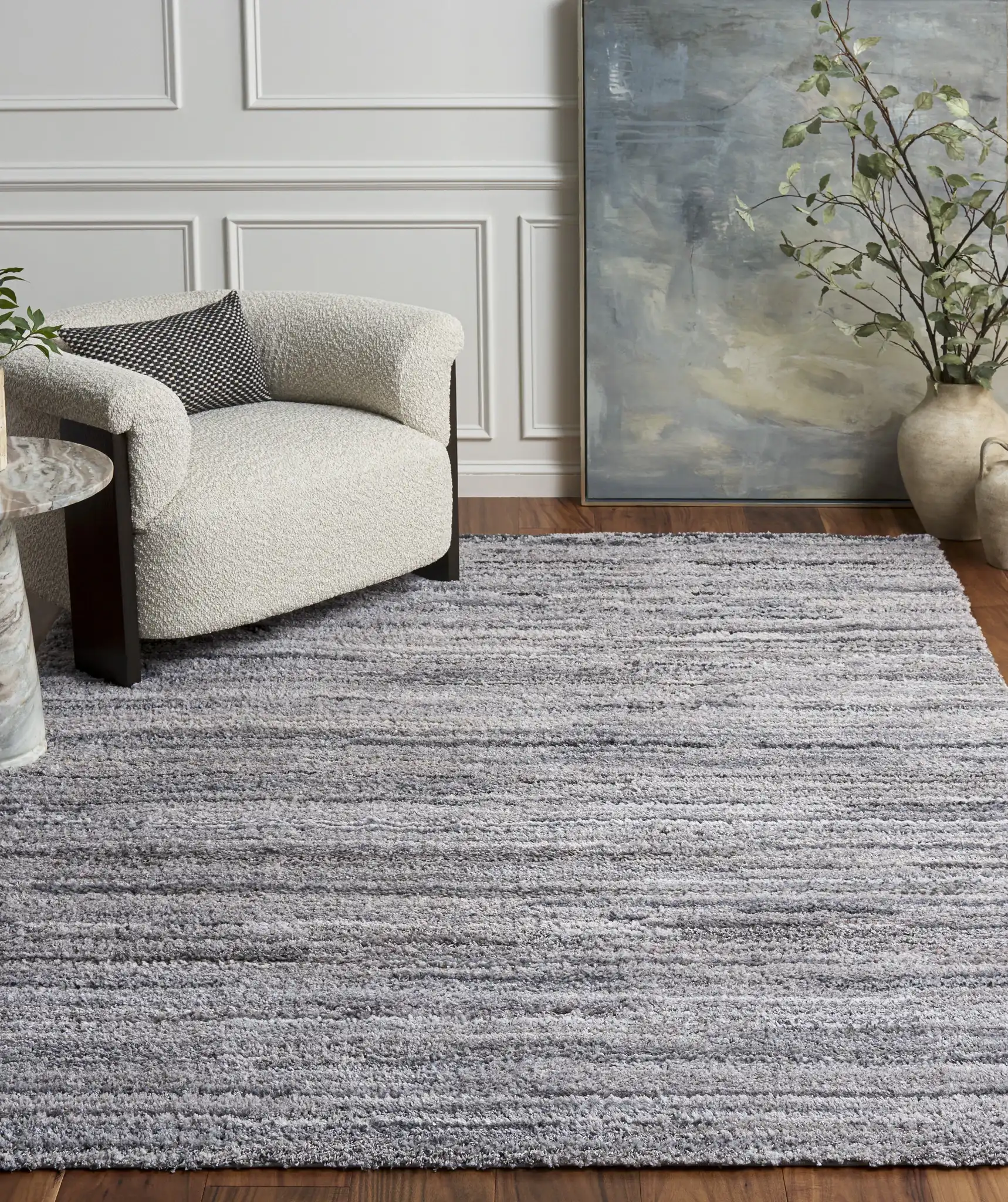 Everett Striated Shag Rug in Gray / Beige in a styled room