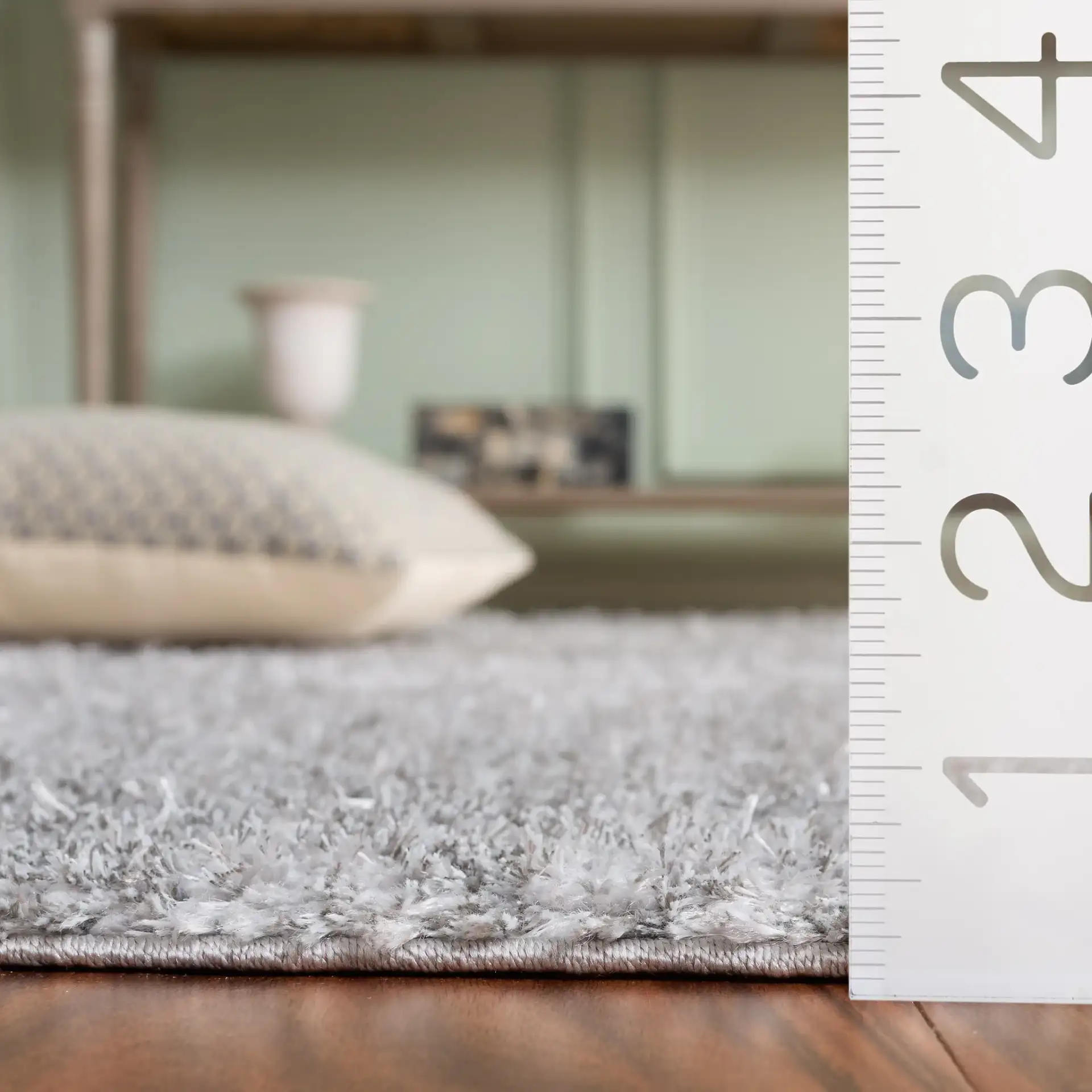 Everett Solid Shag Rug in Gray in a styled room