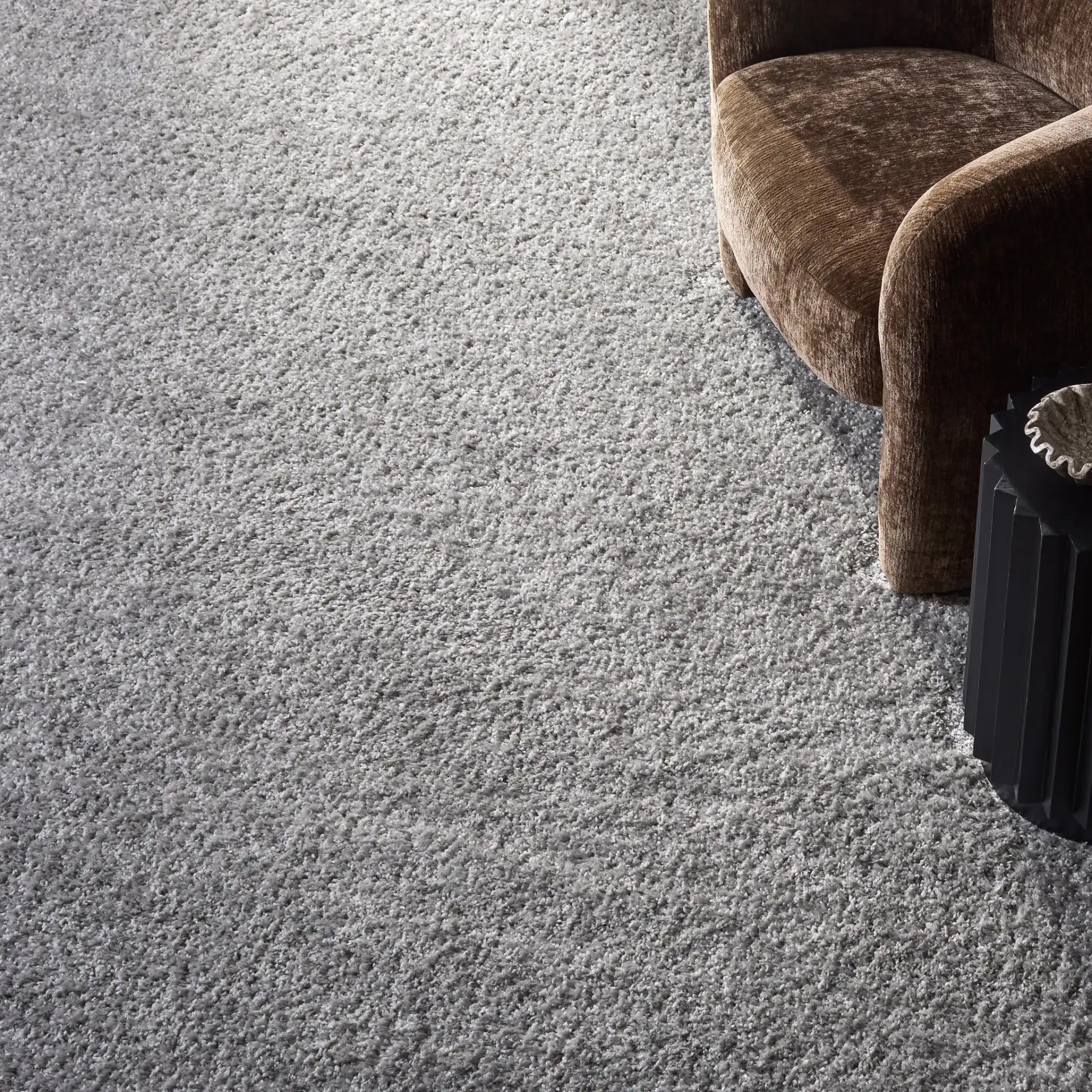 Everett Solid Shag Rug in Gray in a styled room