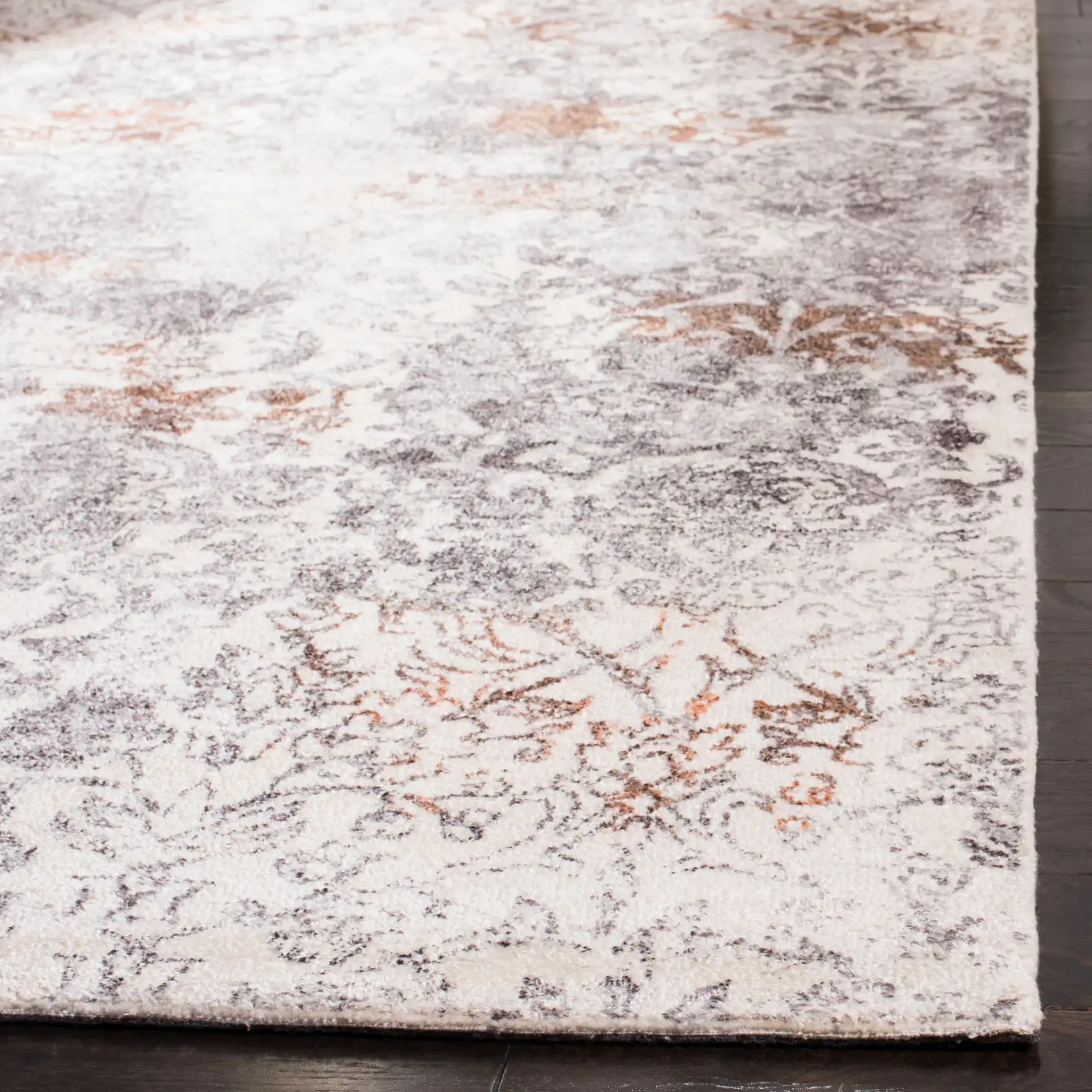 Expression Distressed Damask Hand-Tufted Viscose Rug in Ivory / Gray in a styled room
