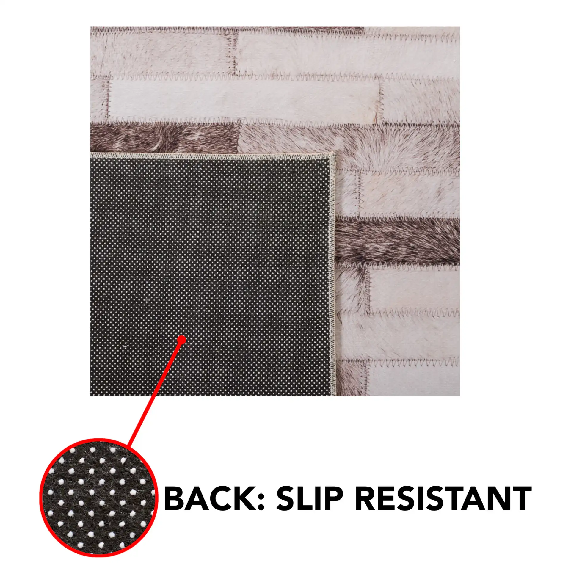 Faux Hide Brick Patchwork Washable Rug in Beige / Brown in a styled room