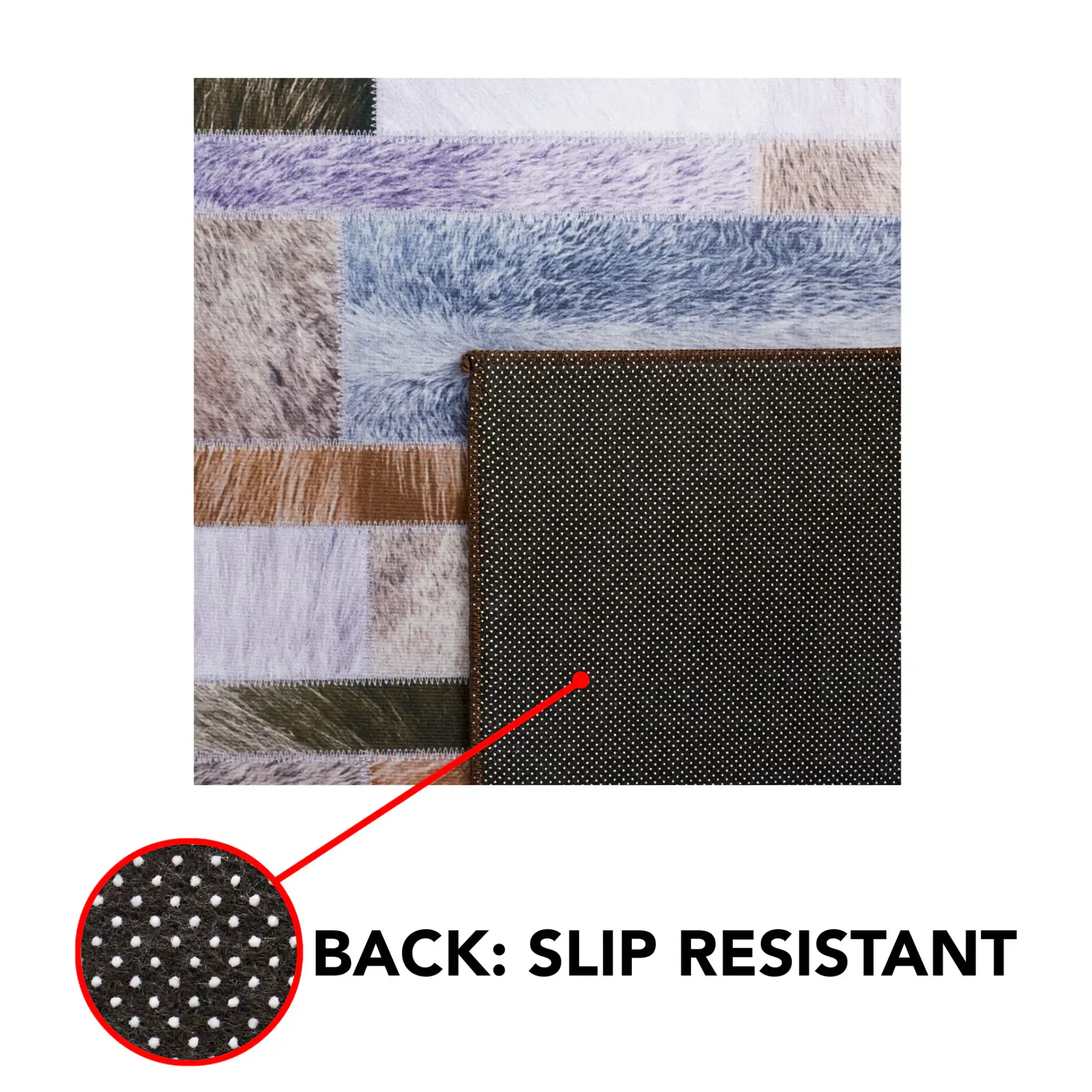Faux Hide Linear Patchwork Washable Rug in Beige / Purple in a styled room
