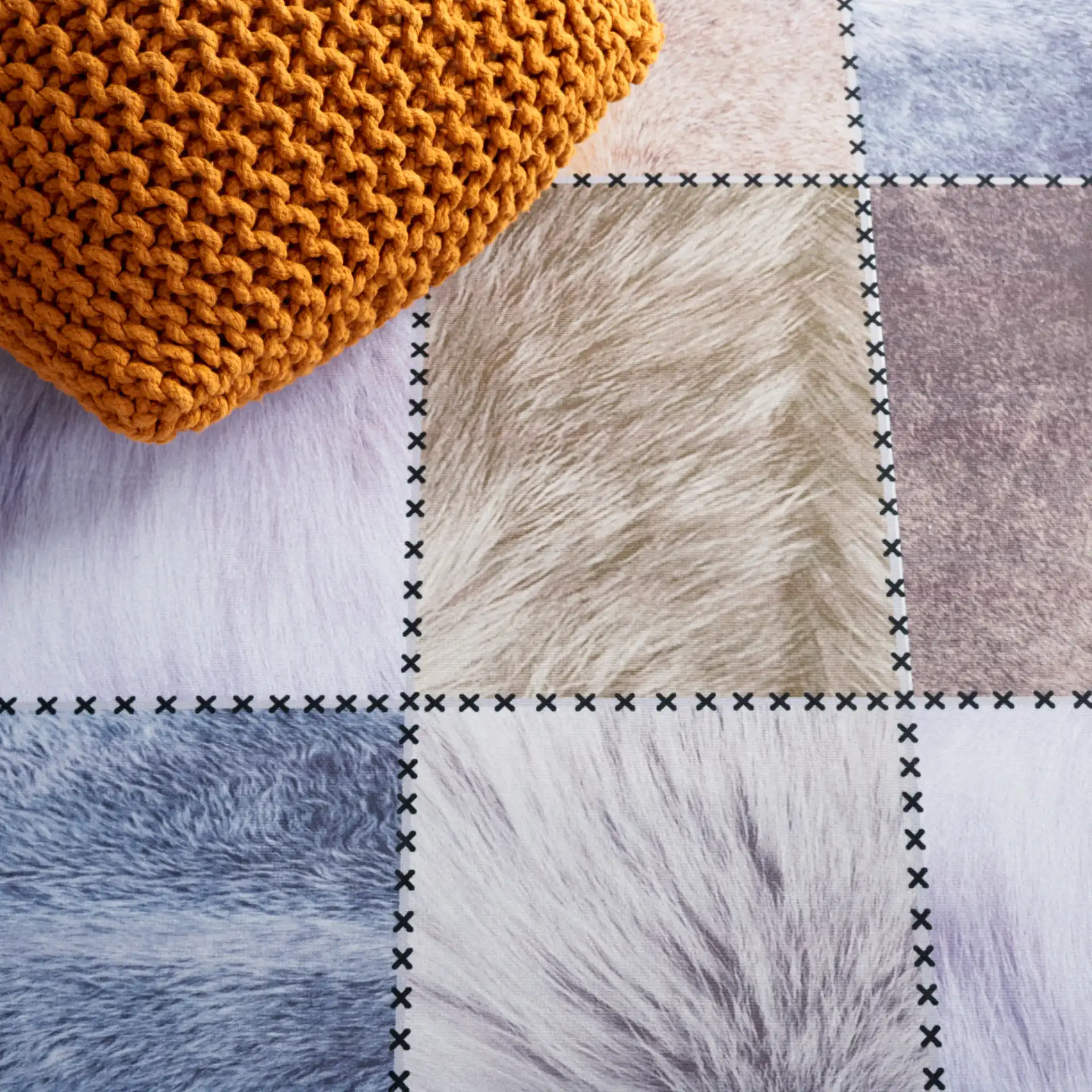 Faux Hide Patchwork Washable Rug in Beige / Brown in a styled room
