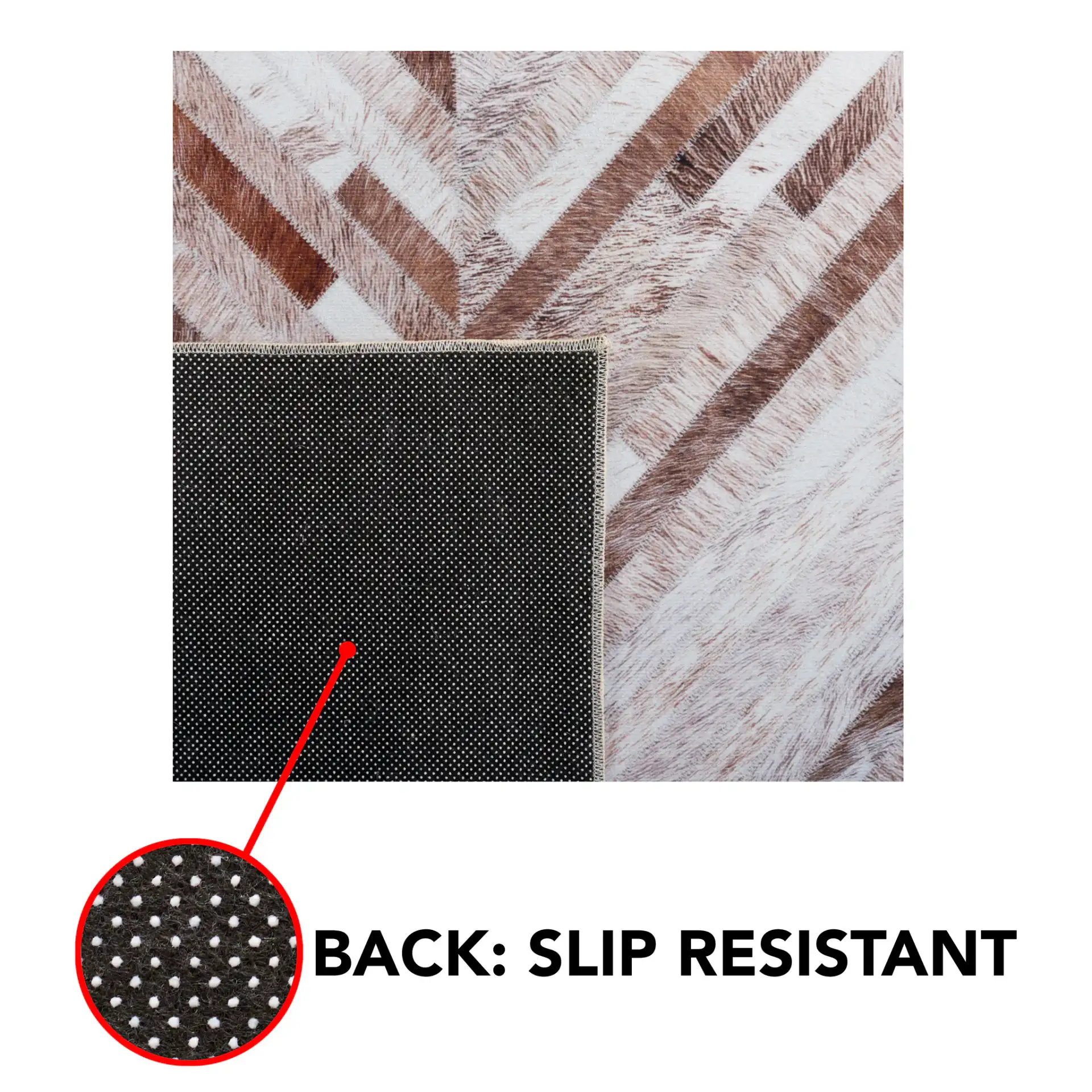 Faux Hide Patchwork Diamond Washable Rug in Beige / Brown in a styled room