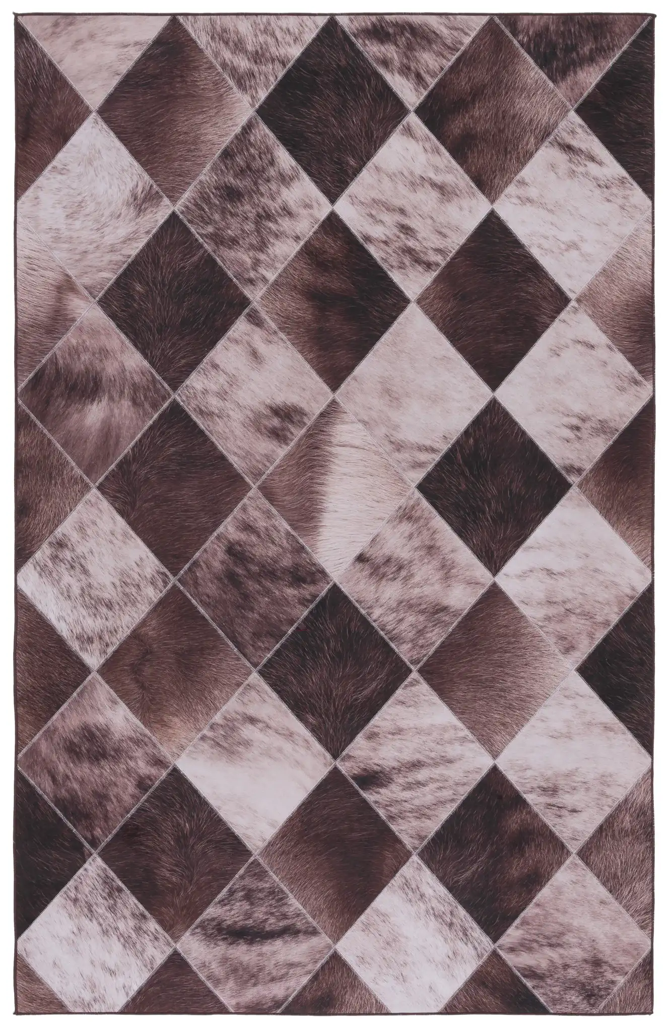 Faux Hide Diamond Patchwork Washable Rug in Light Brown / Brown