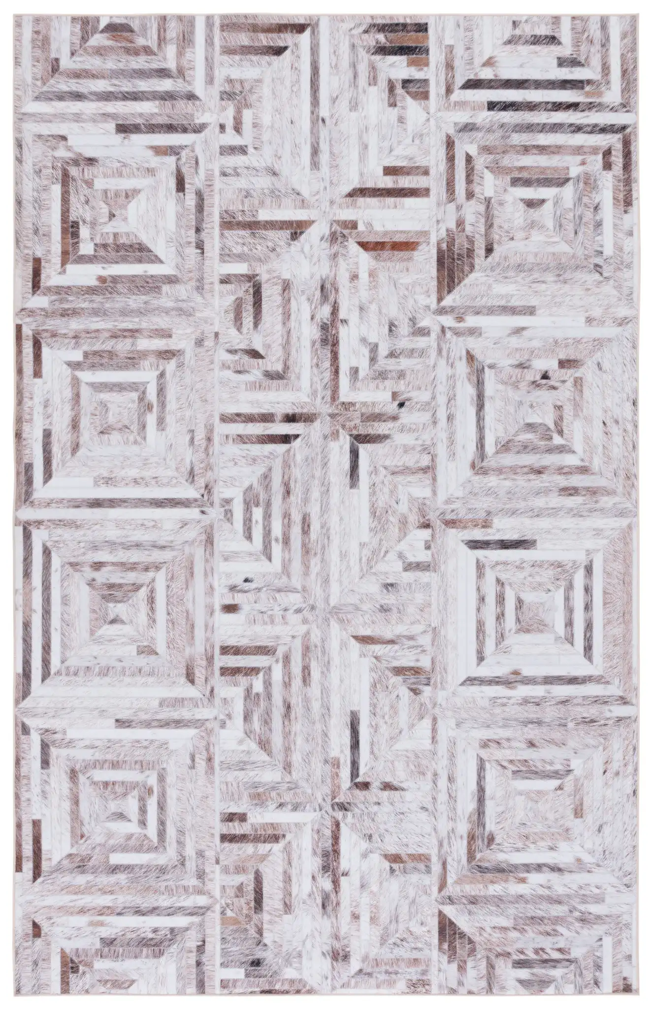 Faux Hide Concentric Square Patchwork Washable Rug in Beige / Brown