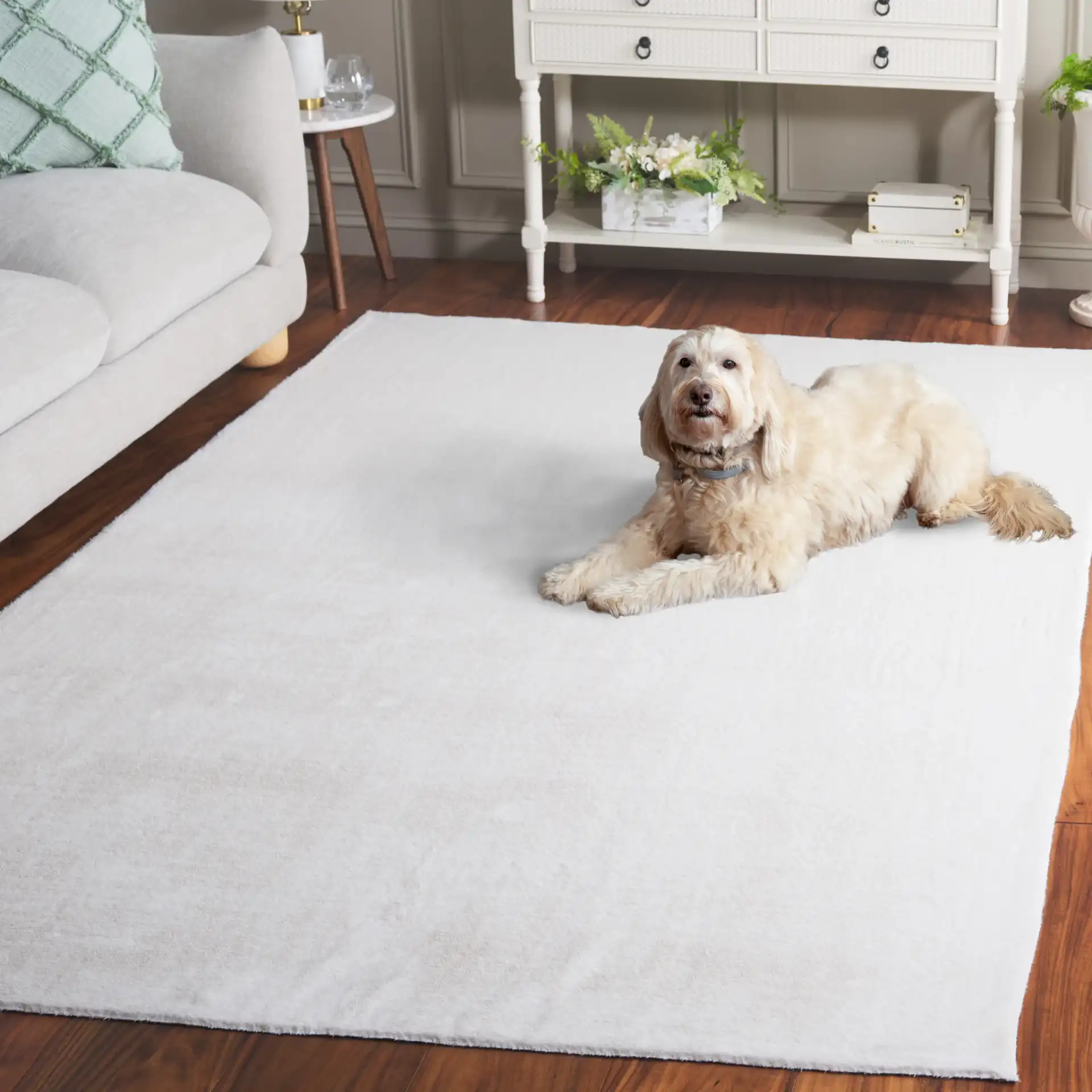 Faux Fur Solid Washable Rug in Ivory in a styled room