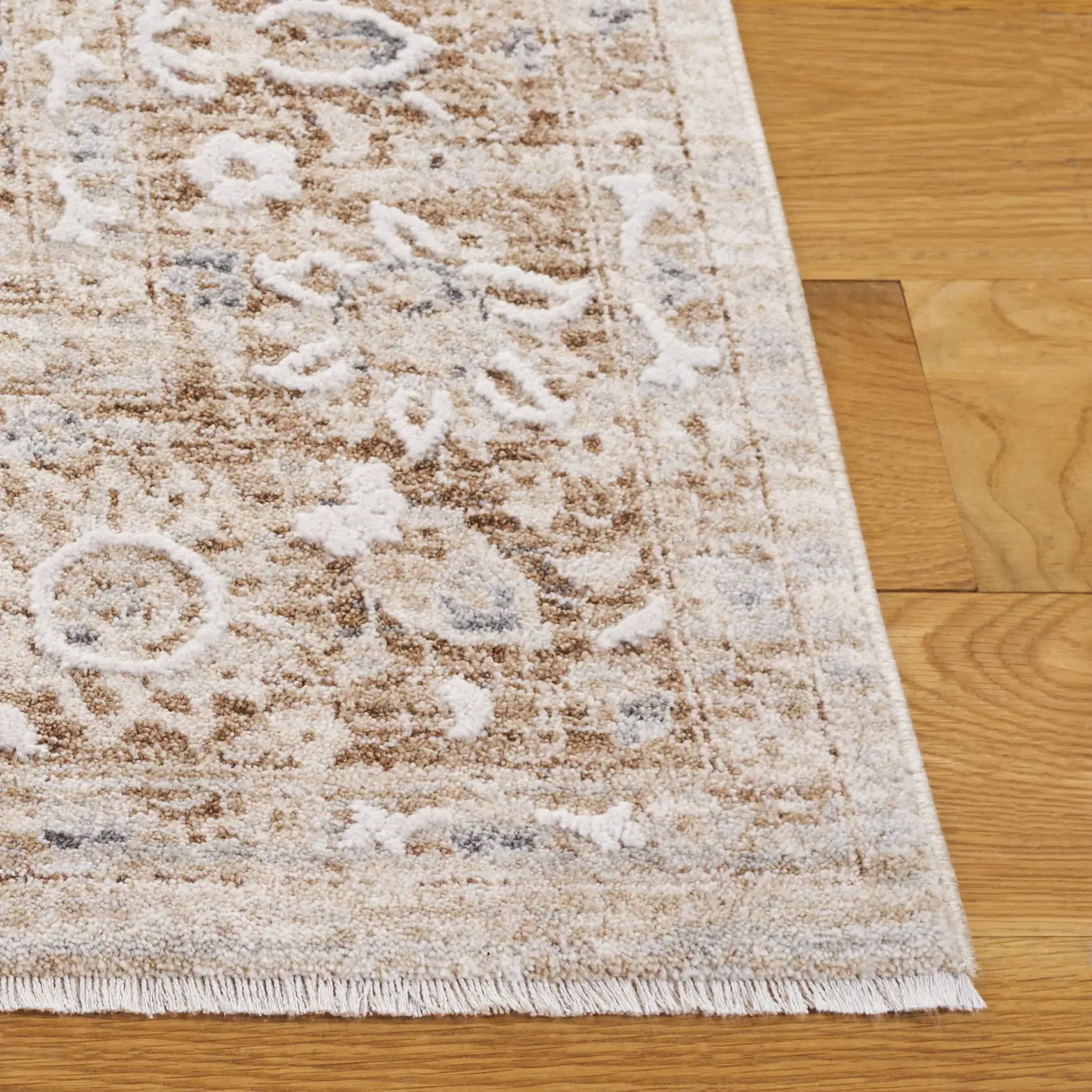 Finley Allover Palmette Rug in Brown / Gray in a styled room
