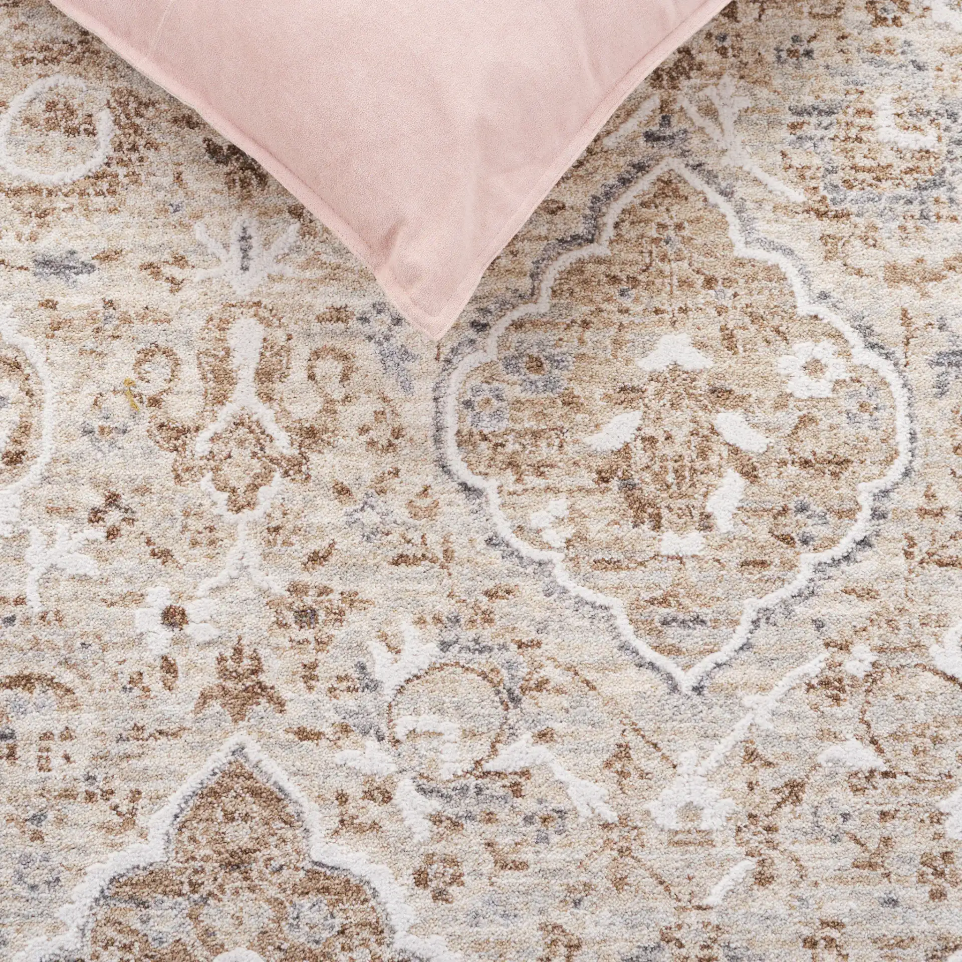 Finley Allover Palmette Rug in Brown / Gray in a styled room